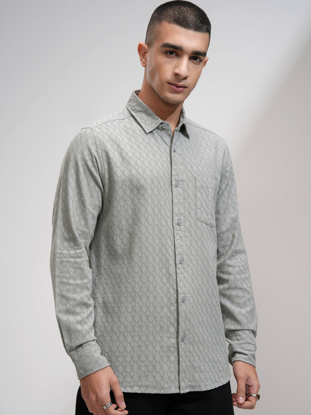 Highlander Men Grey Textured Slim Fit Casual Shirt - Grey - Image 6