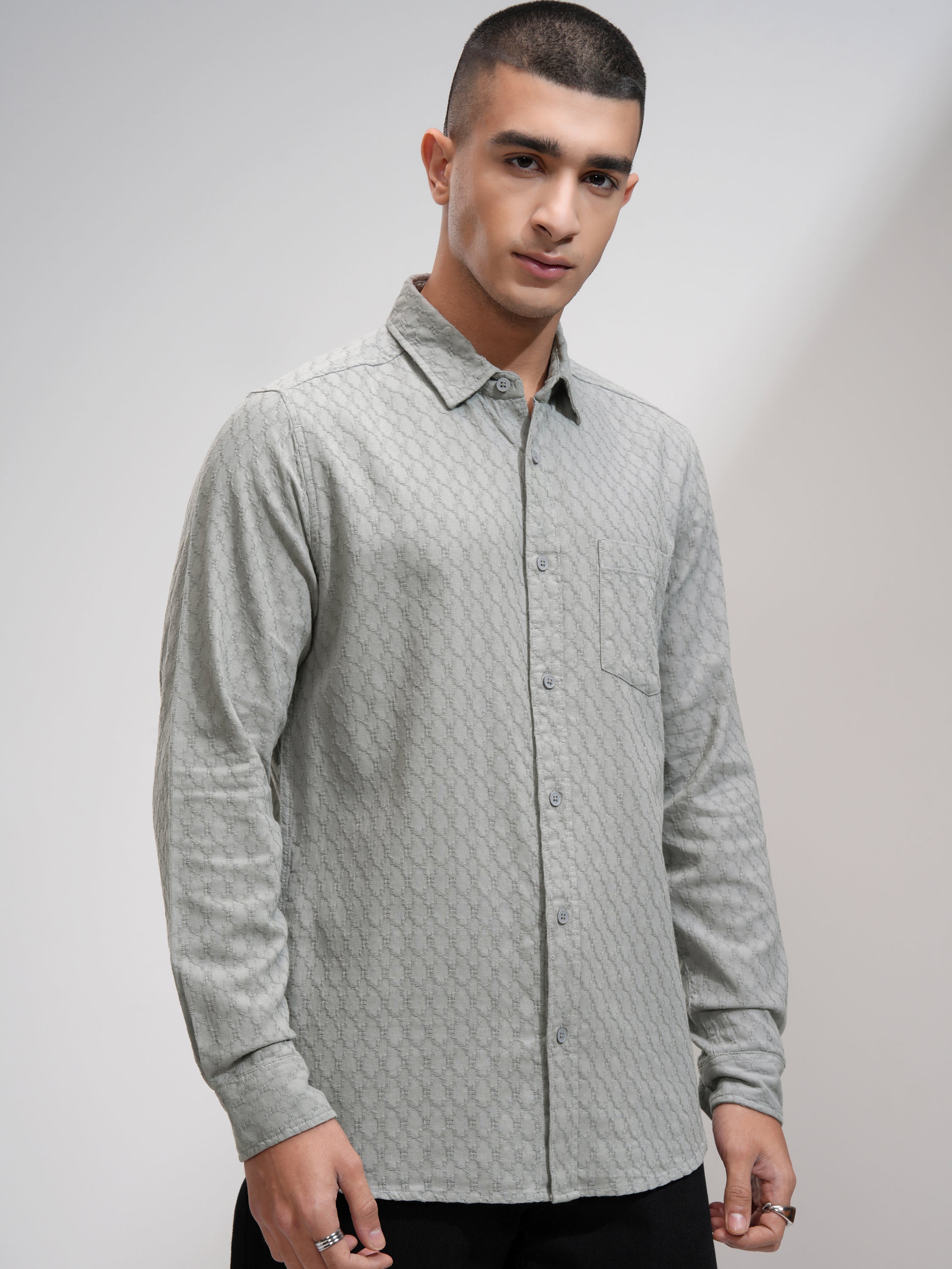 Highlander Men Grey Textured Slim Fit Casual Shirt - Grey - Image 6