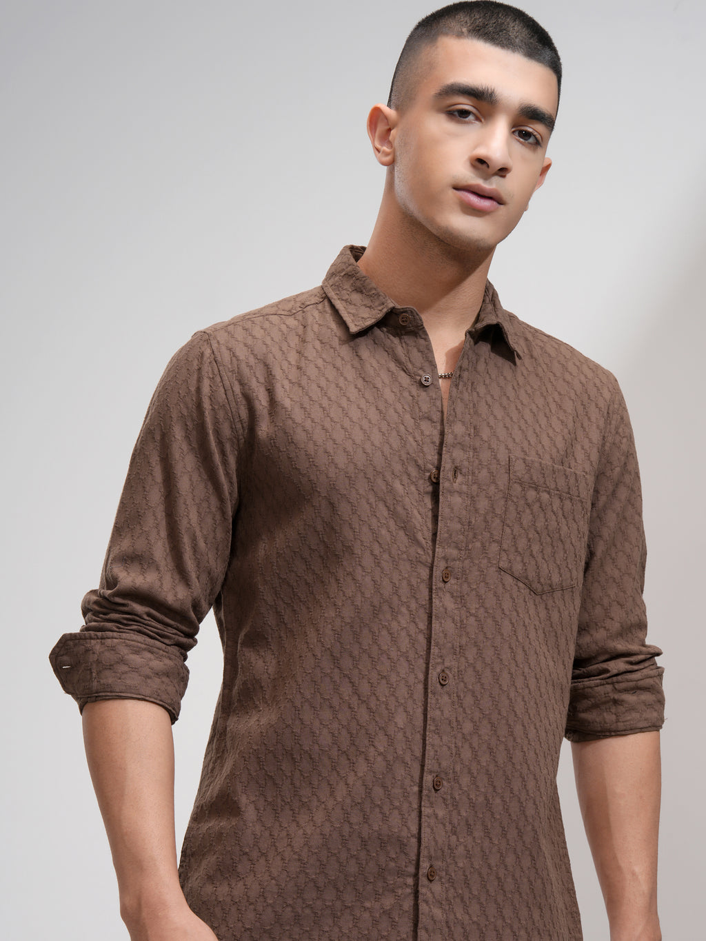 Highlander Men Brown Textured Slim Fit Casual Shirt - Brown - Image 1