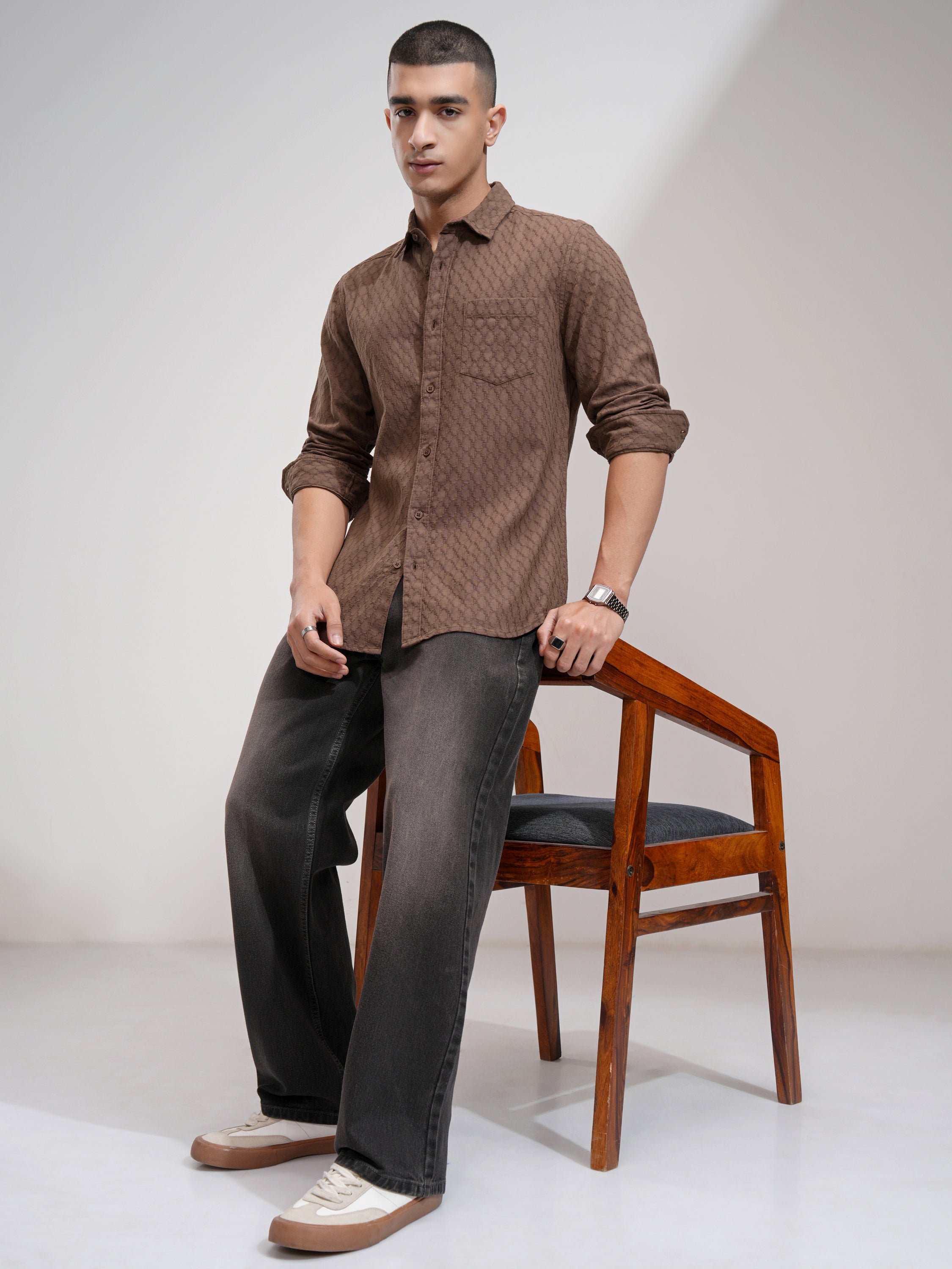 Highlander Men Brown Textured Slim Fit Casual Shirt - Brown - Image 2