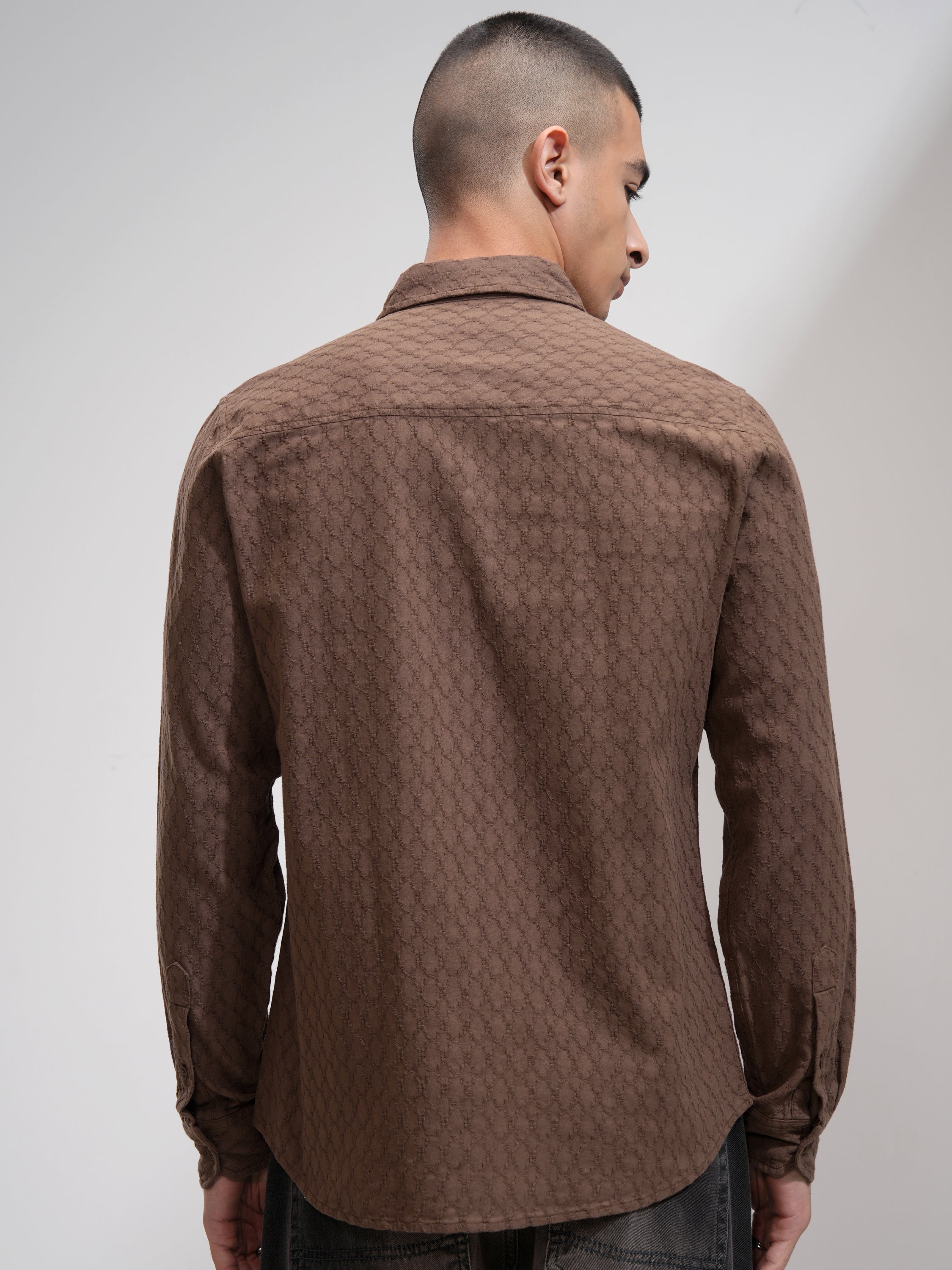 Highlander Men Brown Textured Slim Fit Casual Shirt - Brown - Image 3