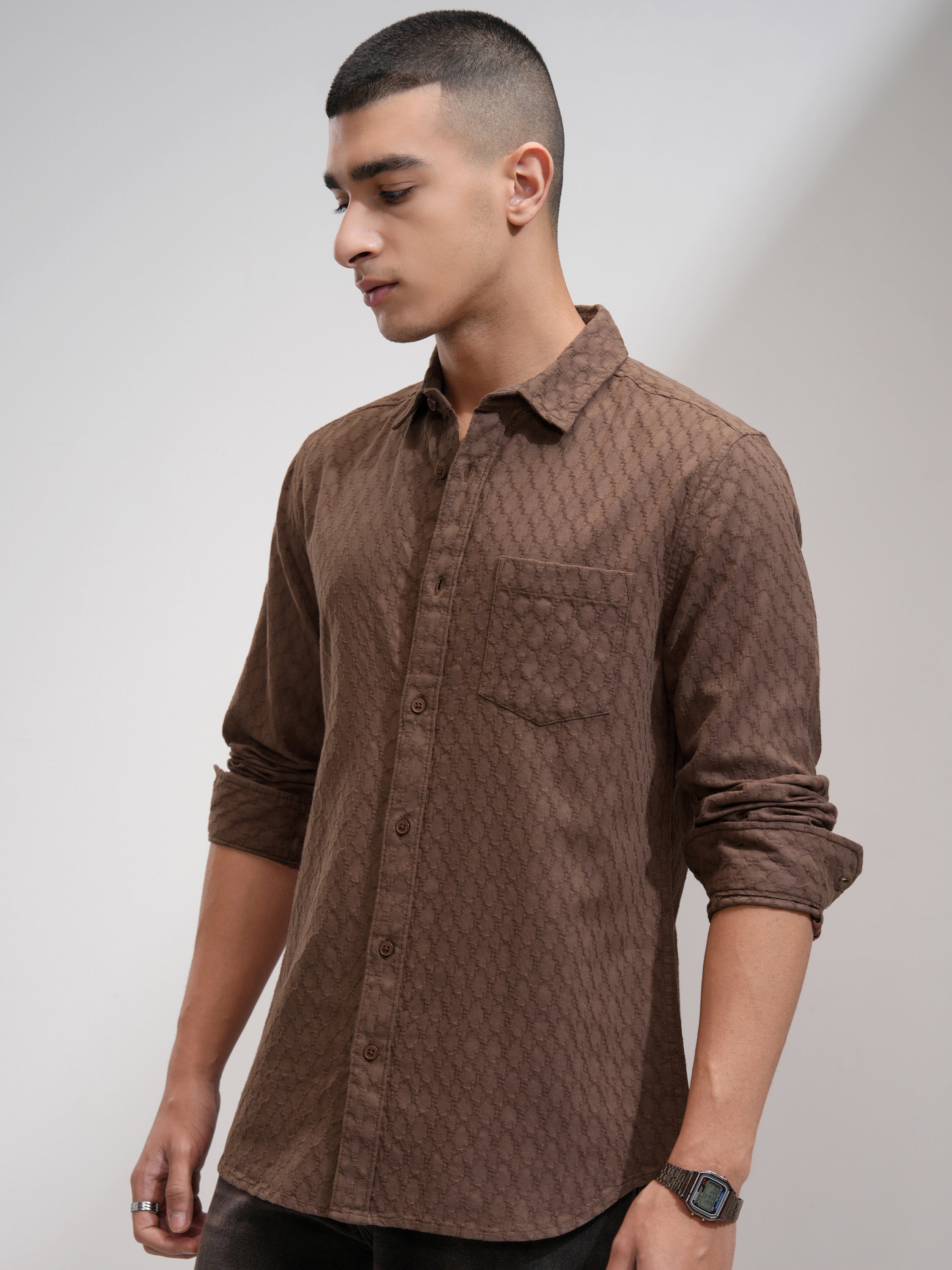 Highlander Men Brown Textured Slim Fit Casual Shirt - Brown - Image 4