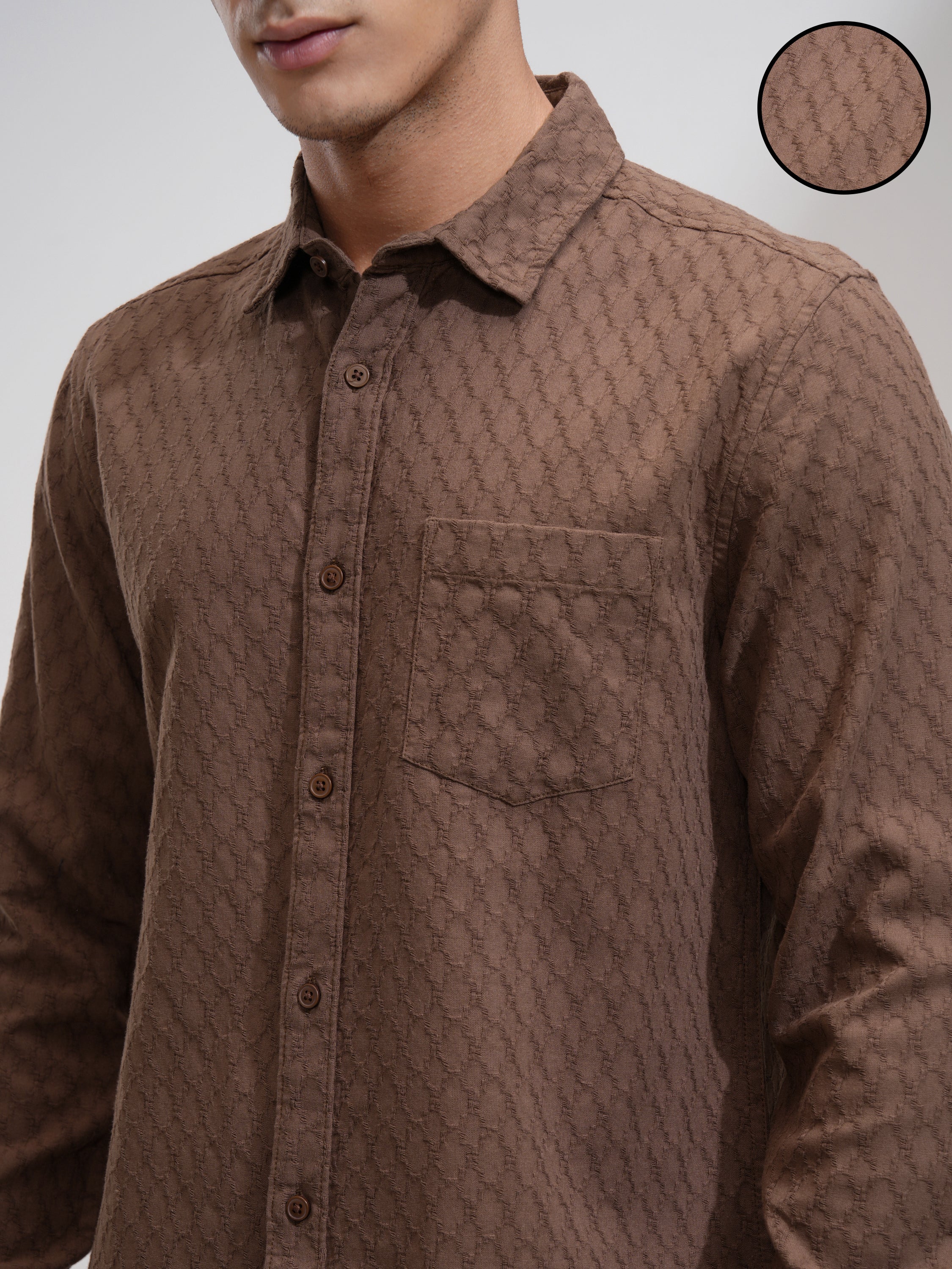 Highlander Men Brown Textured Slim Fit Casual Shirt - Brown - Image 5