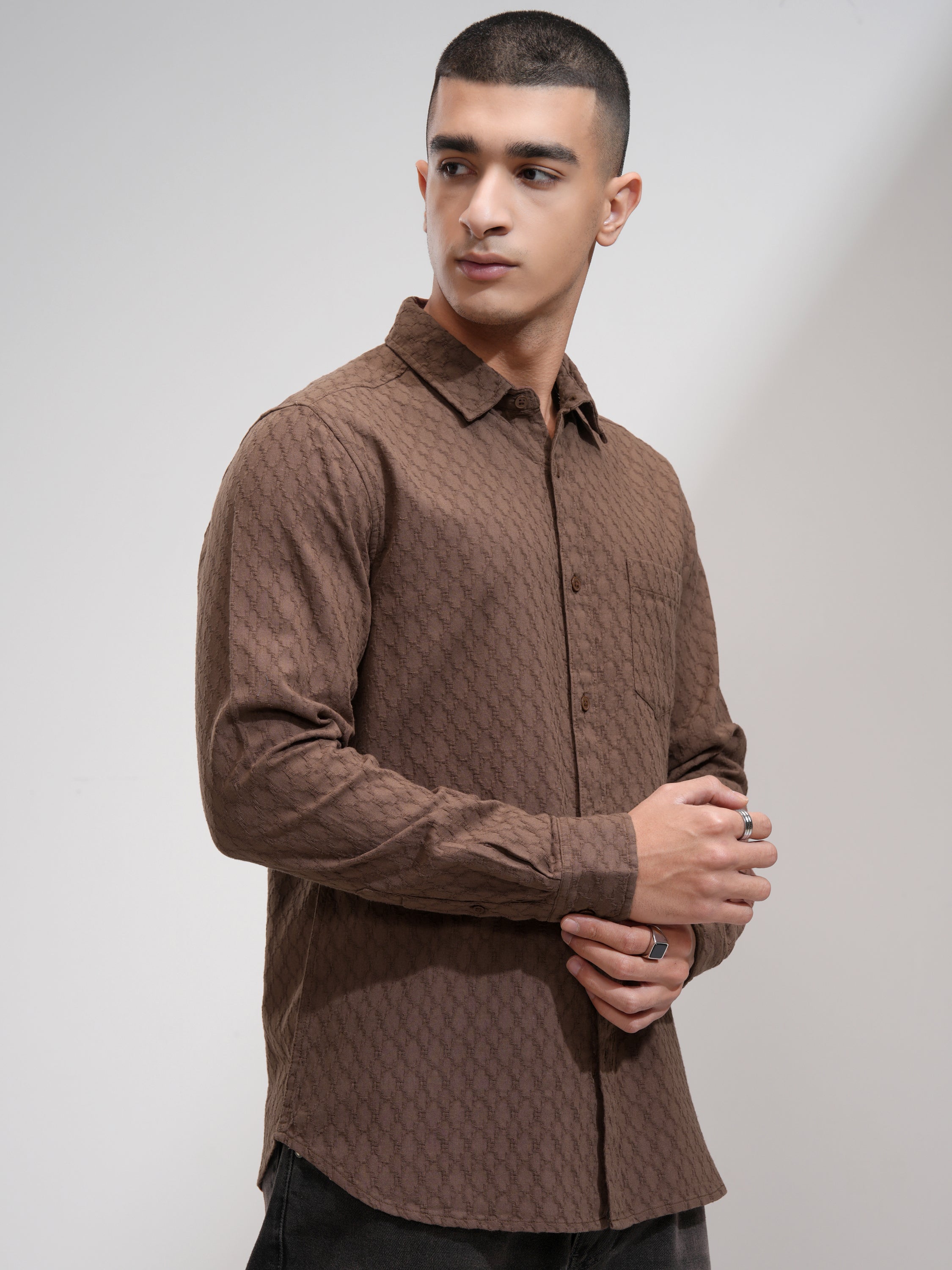 Highlander Men Brown Textured Slim Fit Casual Shirt - Brown - Image 6