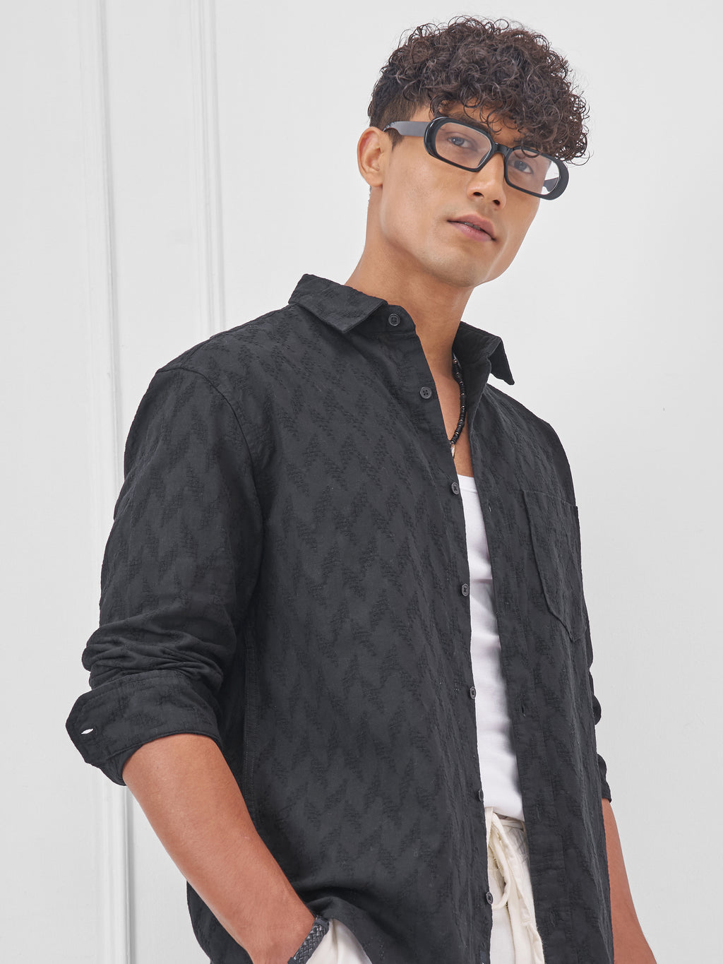 Highlander Men Black Self Design Relaxed Fit Casual Shirt - Black - Image 1