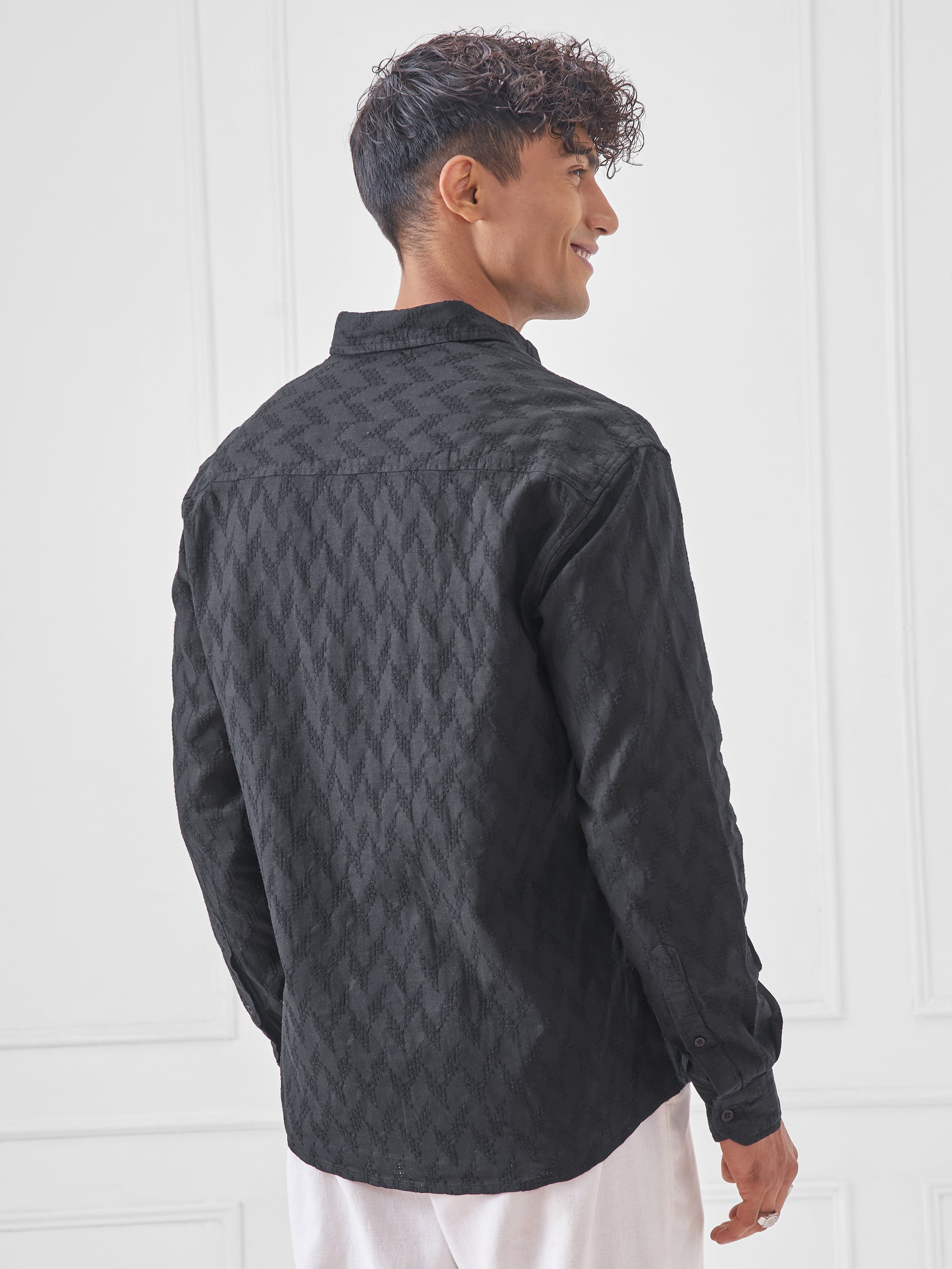 Highlander Men Black Self Design Relaxed Fit Casual Shirt - Black - Image 3