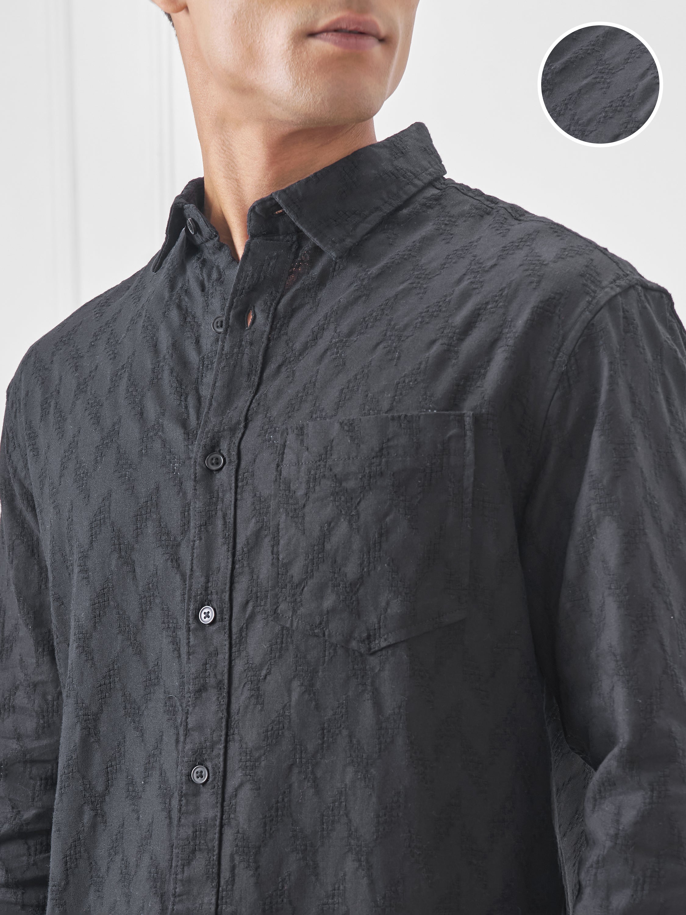 Highlander Men Black Self Design Relaxed Fit Casual Shirt - Black - Image 5