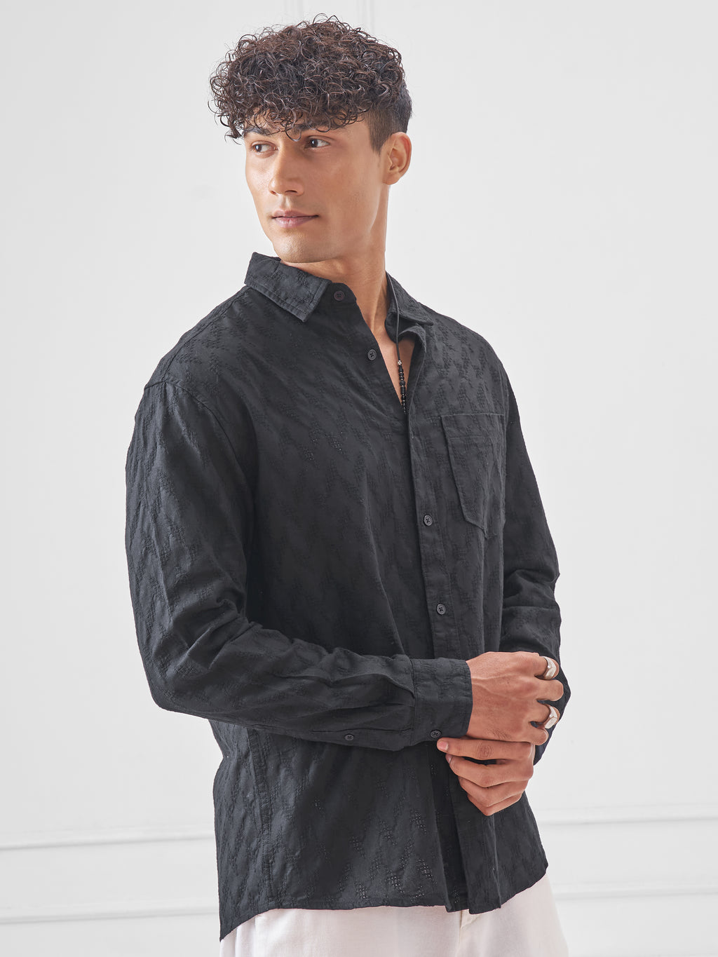Highlander Men Black Self Design Relaxed Fit Casual Shirt - Black - Image 6