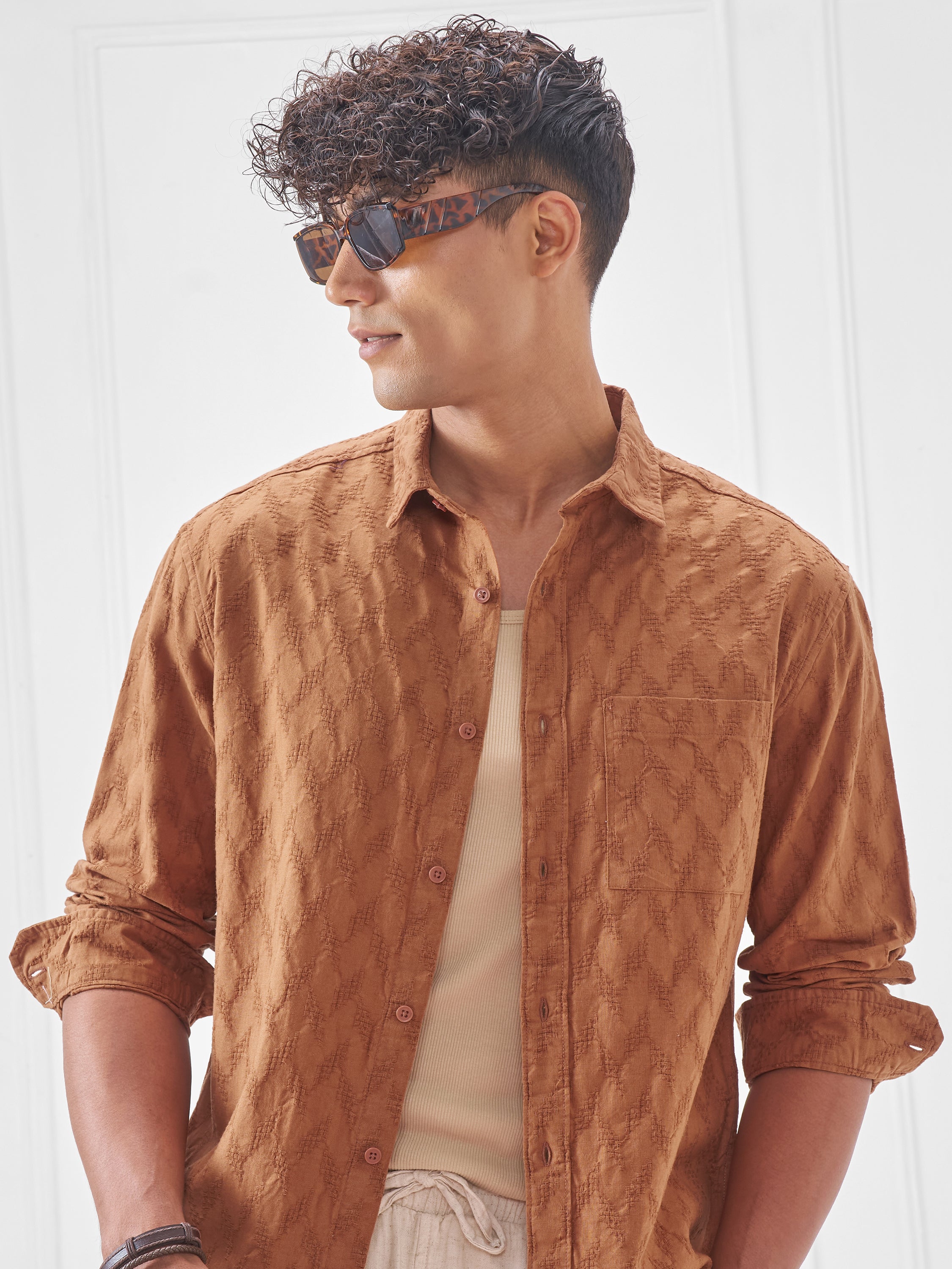 Highlander Men Orange Self Design Relaxed Fit Casual Shirt - Orange - Image 1