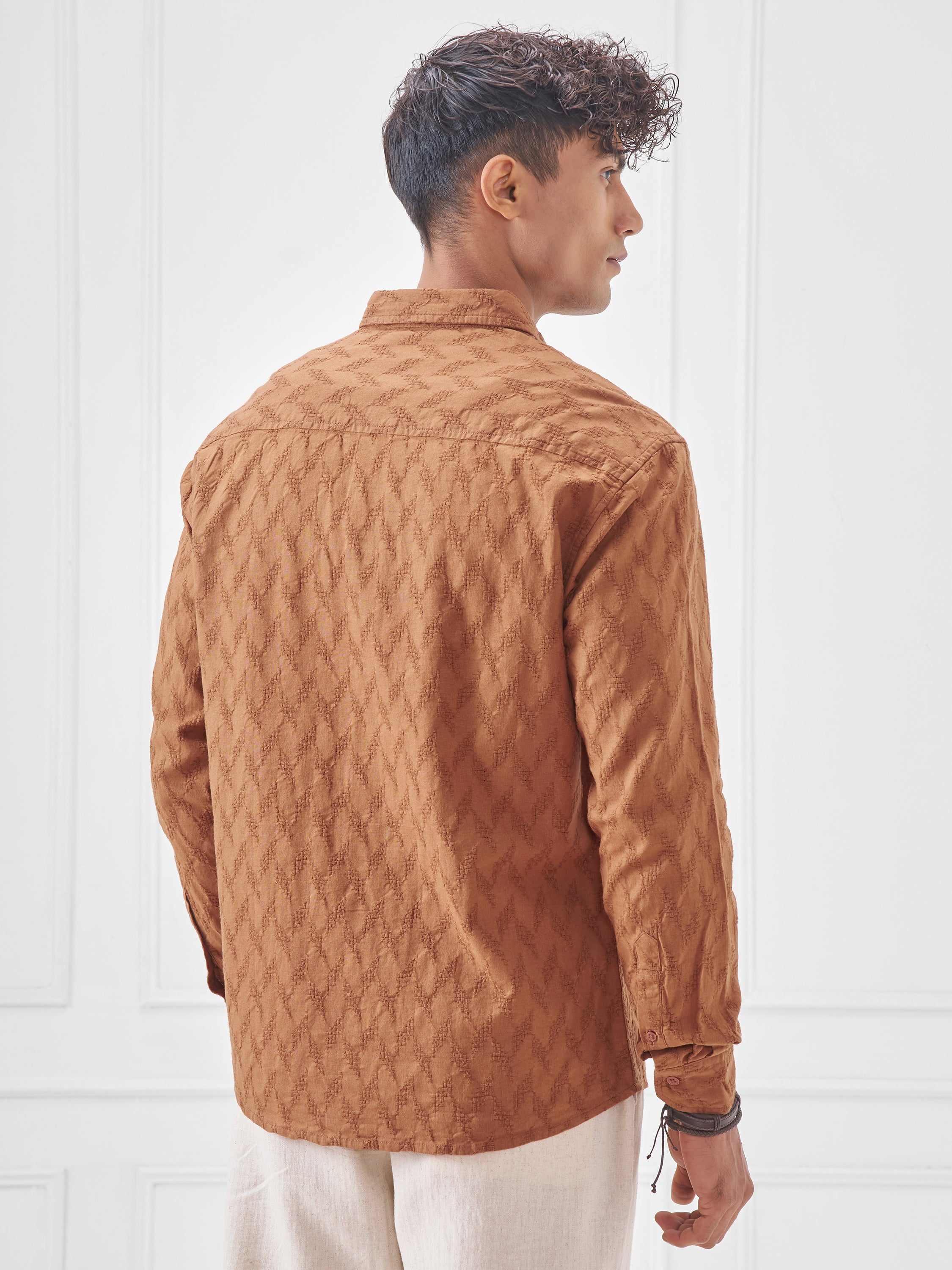 Highlander Men Orange Self Design Relaxed Fit Casual Shirt - Orange - Image 3