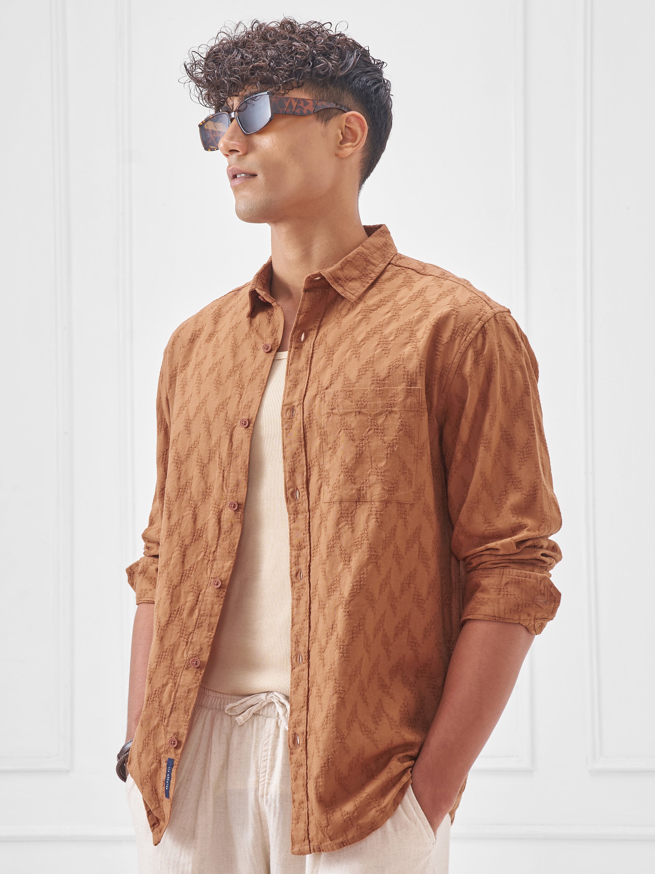 Highlander Men Orange Self Design Relaxed Fit Casual Shirt - Orange - Image 4