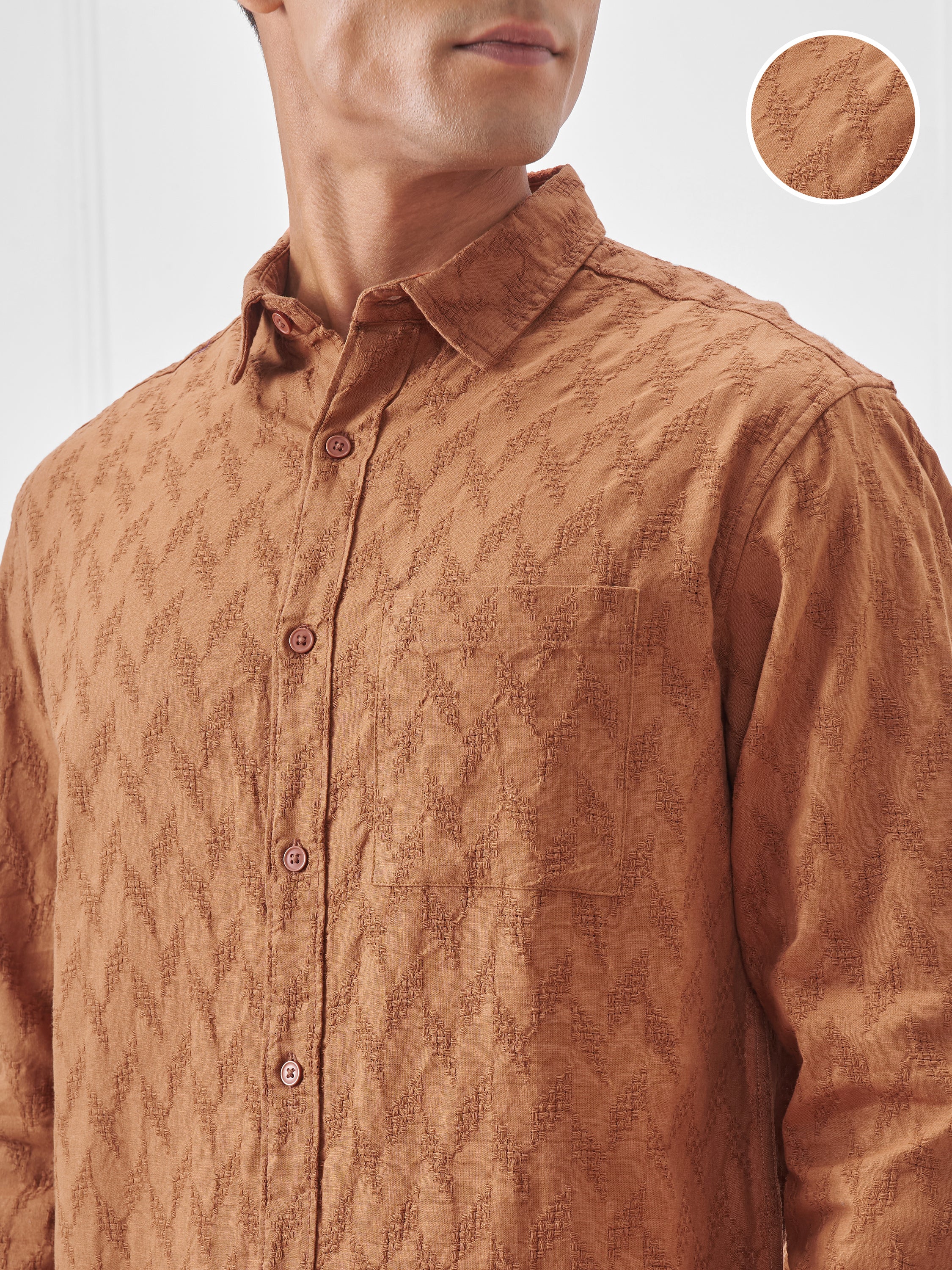 Highlander Men Orange Self Design Relaxed Fit Casual Shirt - Orange - Image 5