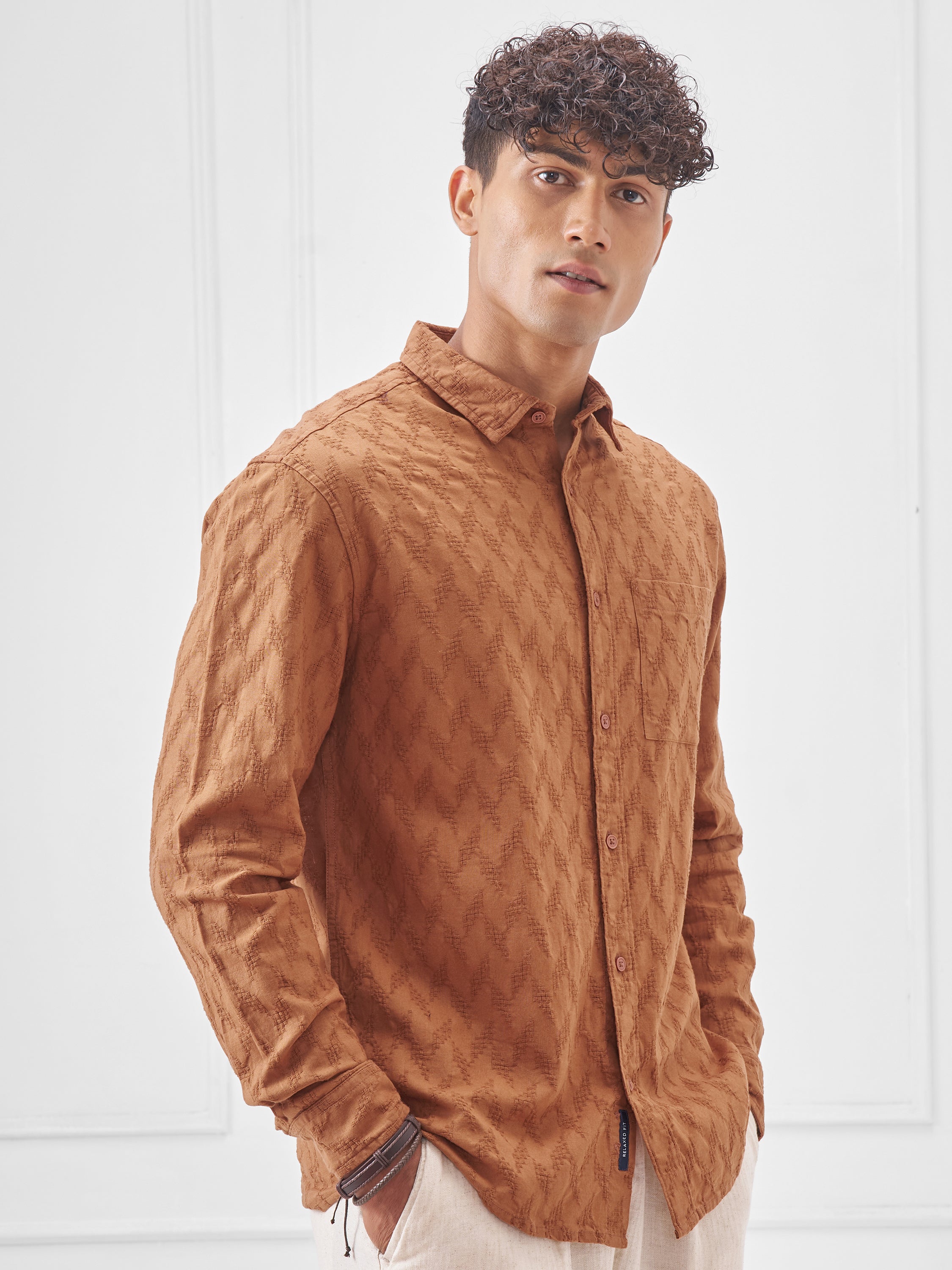 Highlander Men Orange Self Design Relaxed Fit Casual Shirt - Orange - Image 6