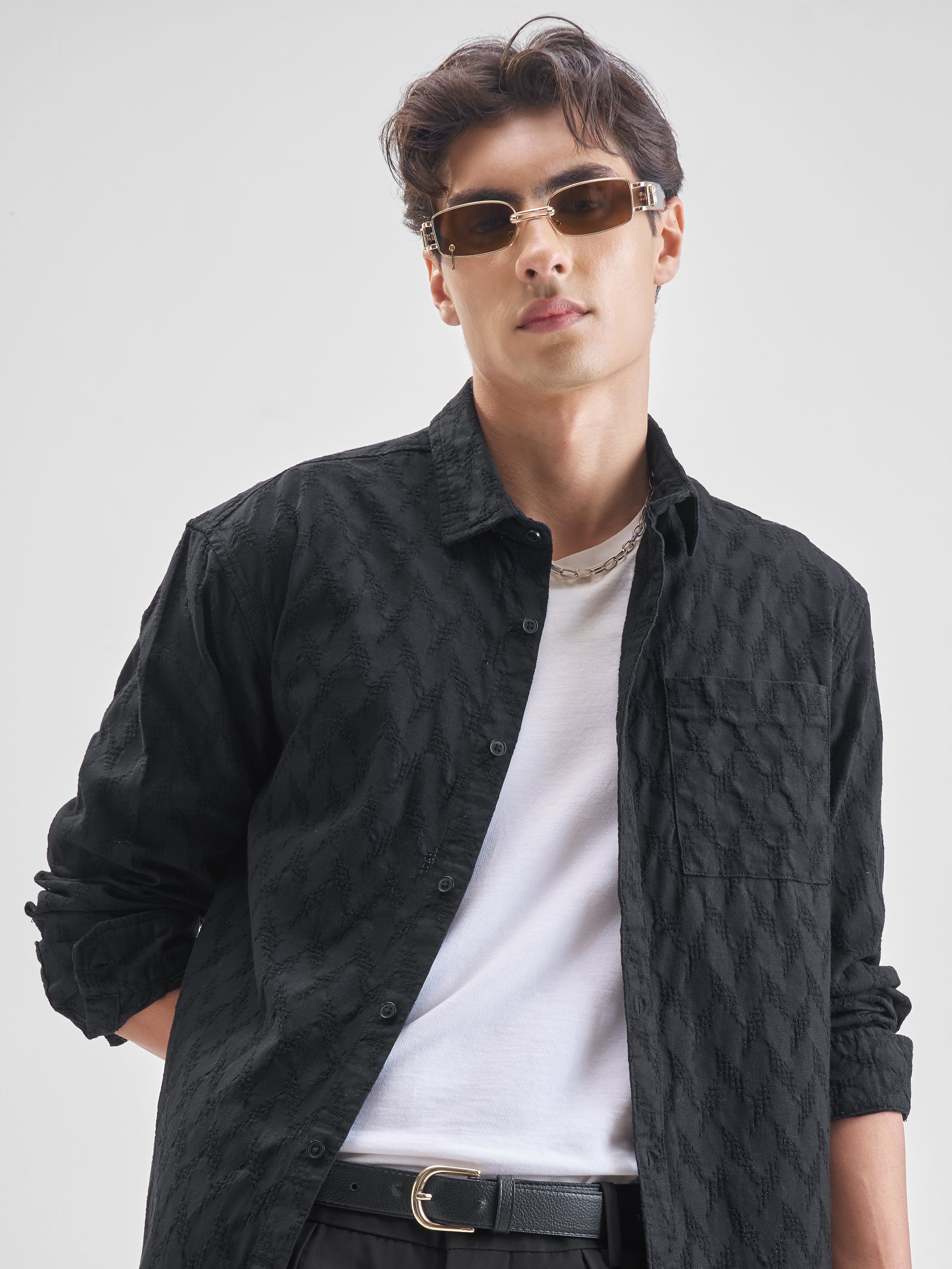 Highlander Men Black Self Design Relaxed Fit Casual Shirt - Black - Image 1