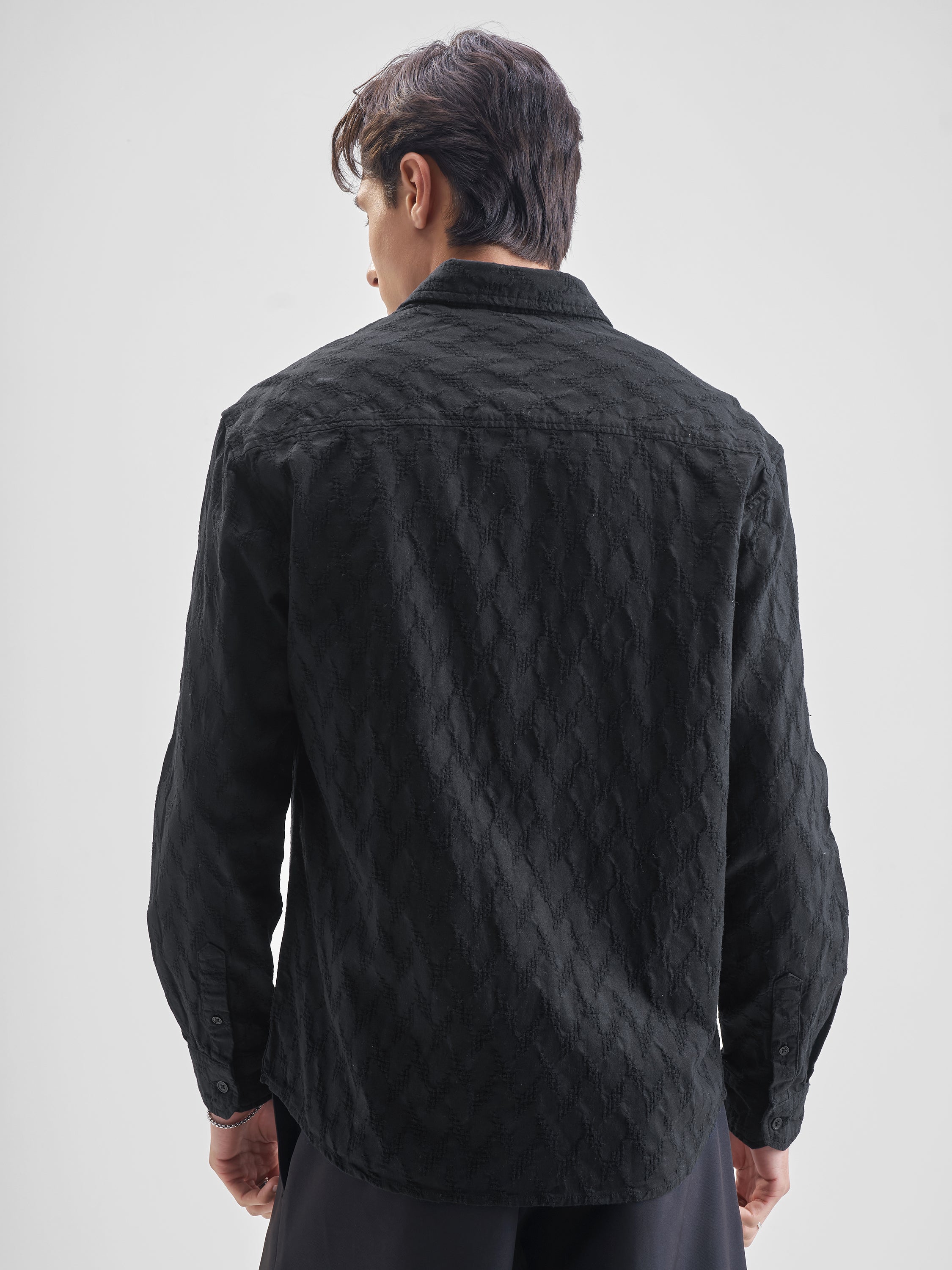 Highlander Men Black Self Design Relaxed Fit Casual Shirt - Black - Image 3