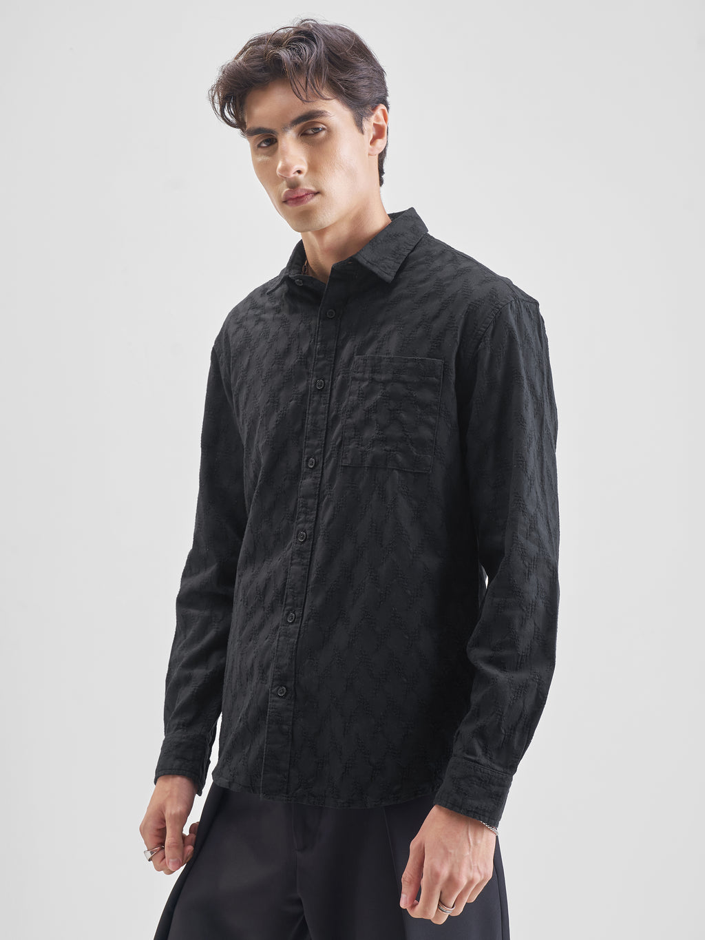 Highlander Men Black Self Design Relaxed Fit Casual Shirt - Black - Image 4