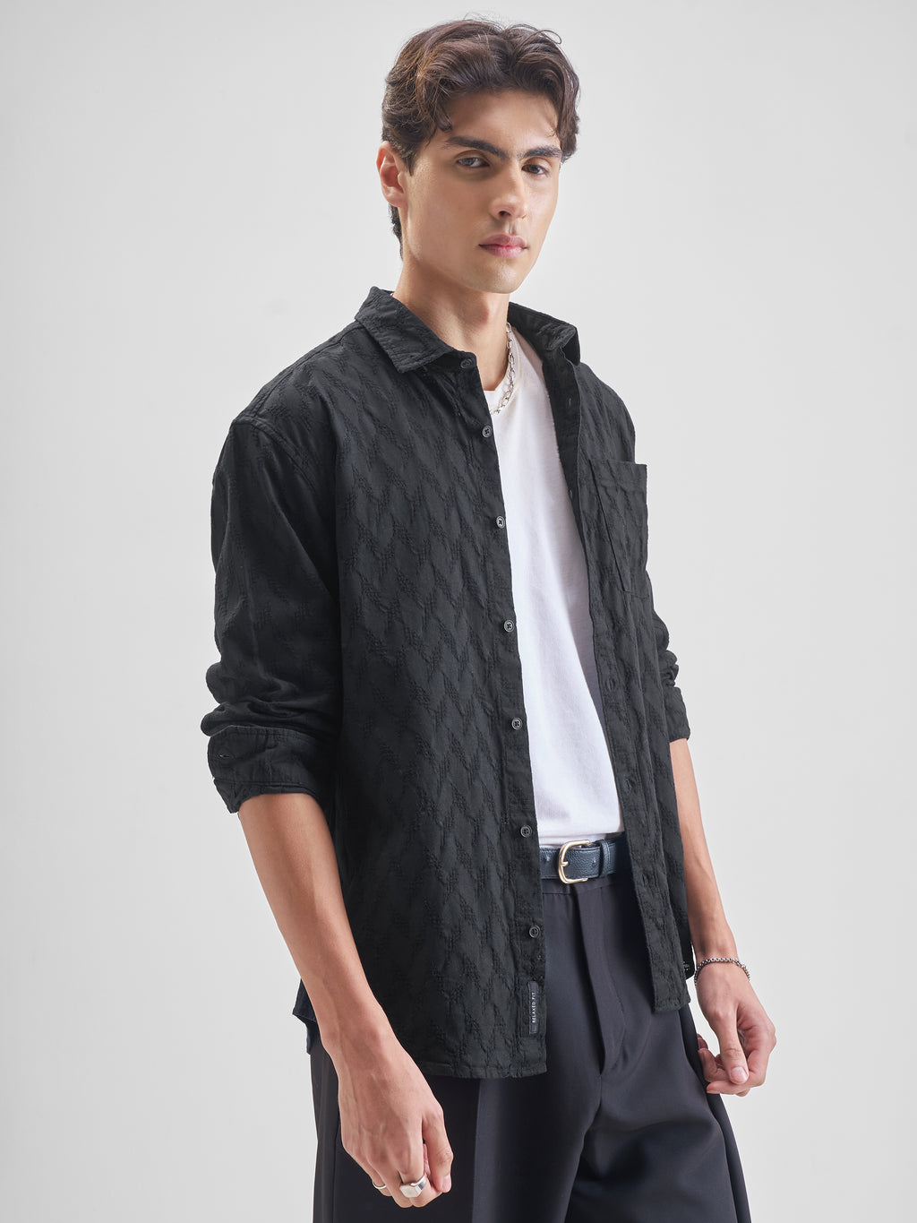 Highlander Men Black Self Design Relaxed Fit Casual Shirt - Black - Image 6