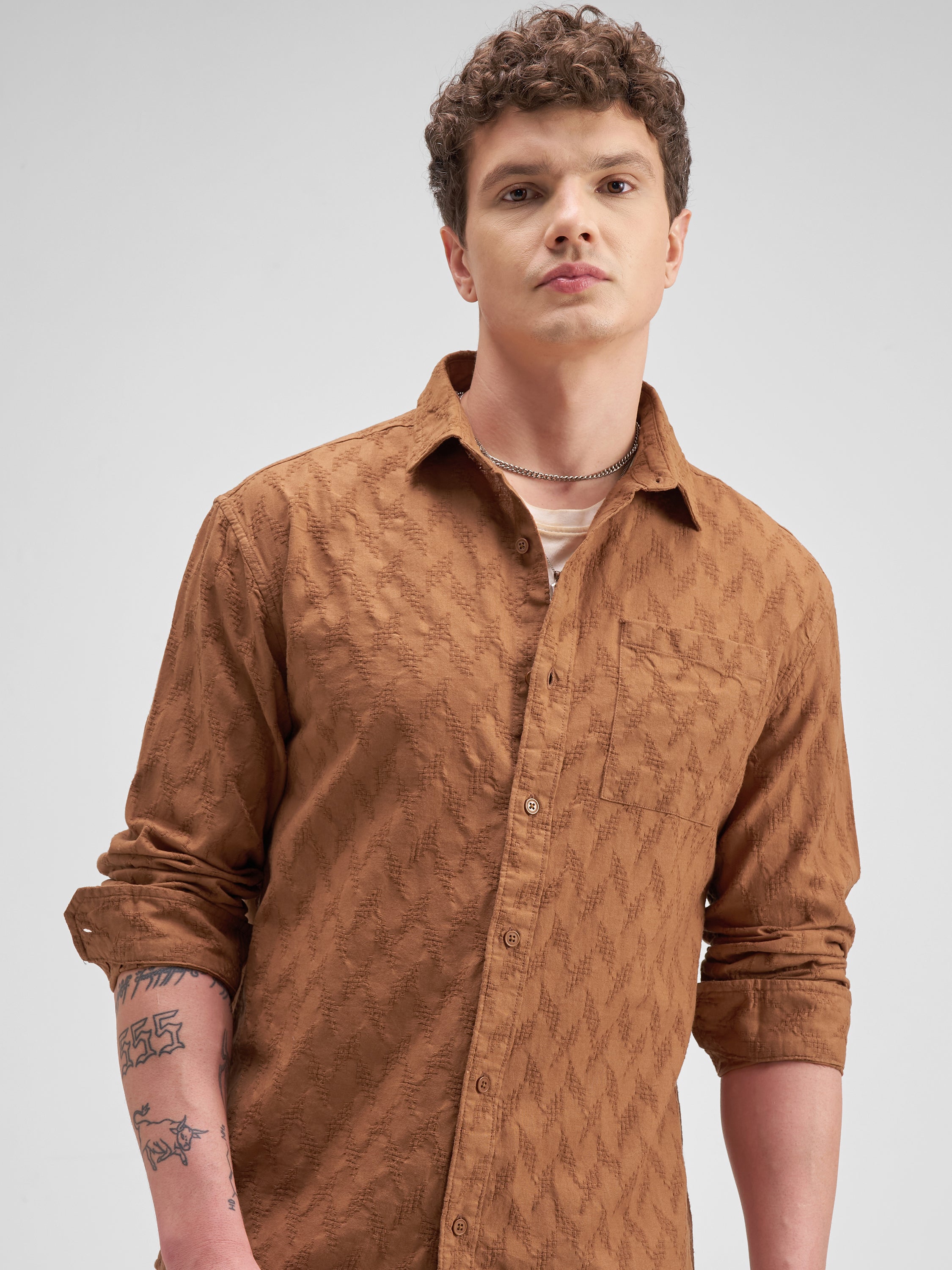 Highlander Men Rust Self Design Regular Fit Casual Shirt - Rust - Image 1