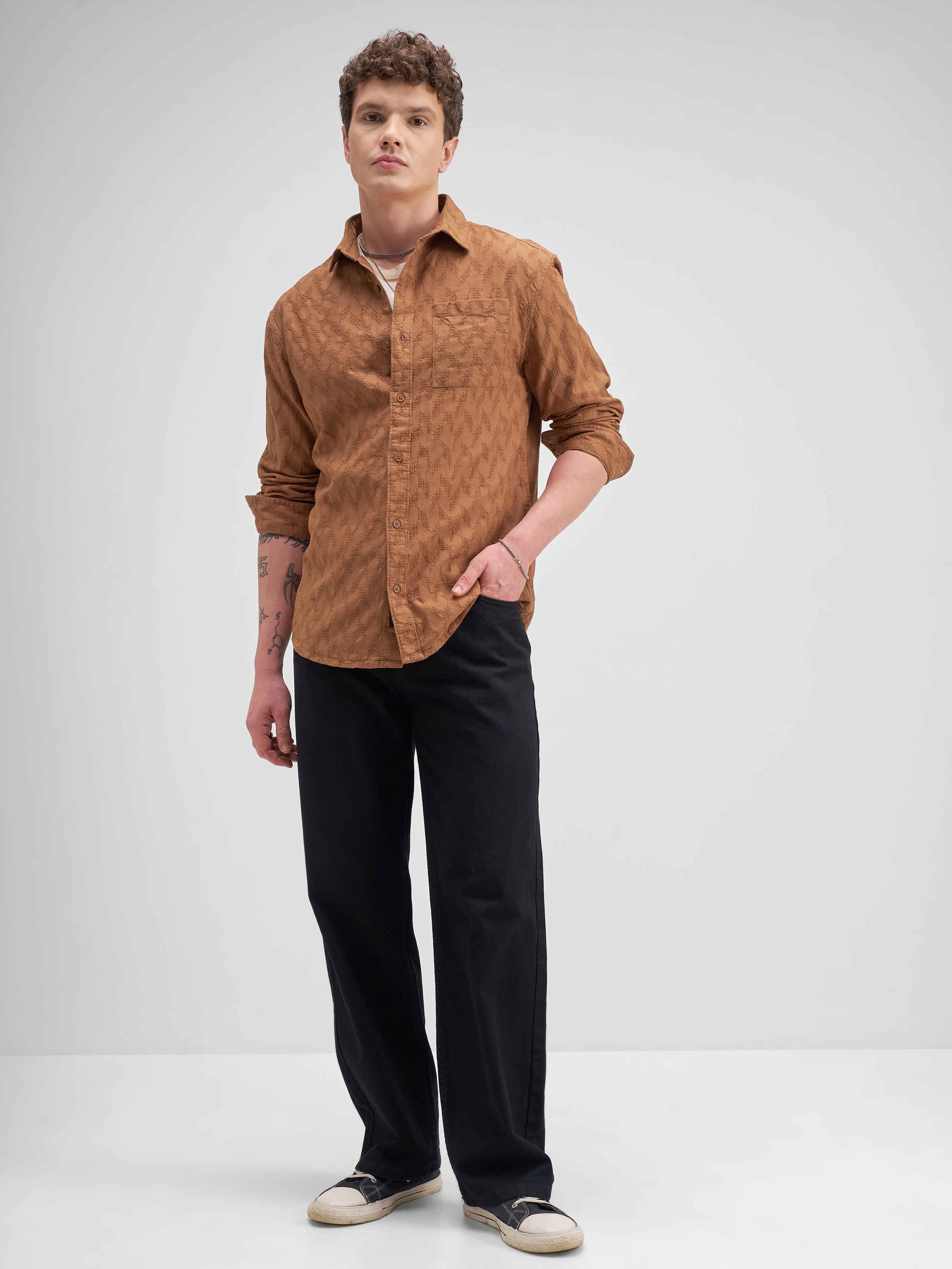 Highlander Men Rust Self Design Regular Fit Casual Shirt - Rust - Image 2
