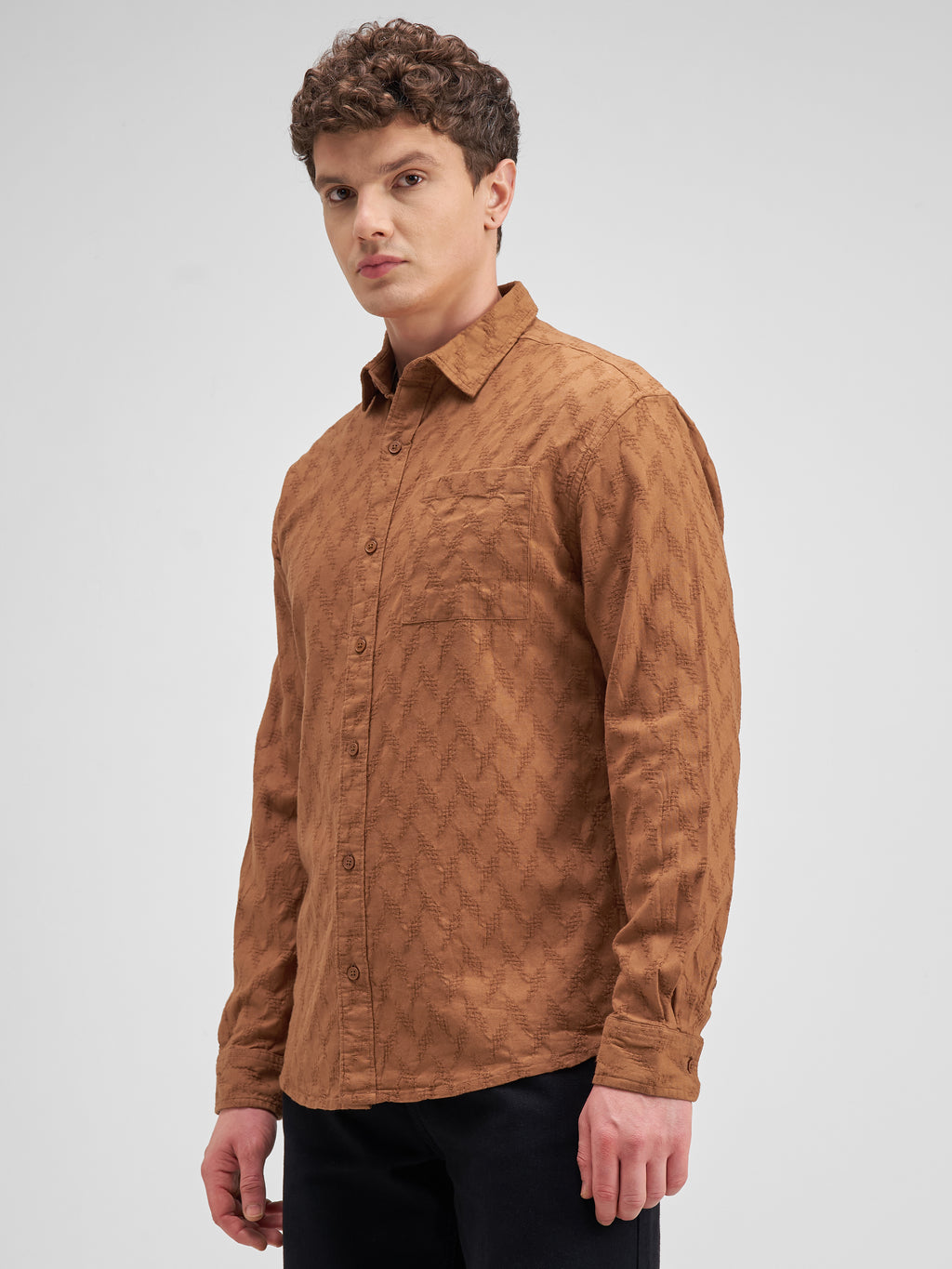 Highlander Men Rust Self Design Regular Fit Casual Shirt - Rust - Image 4