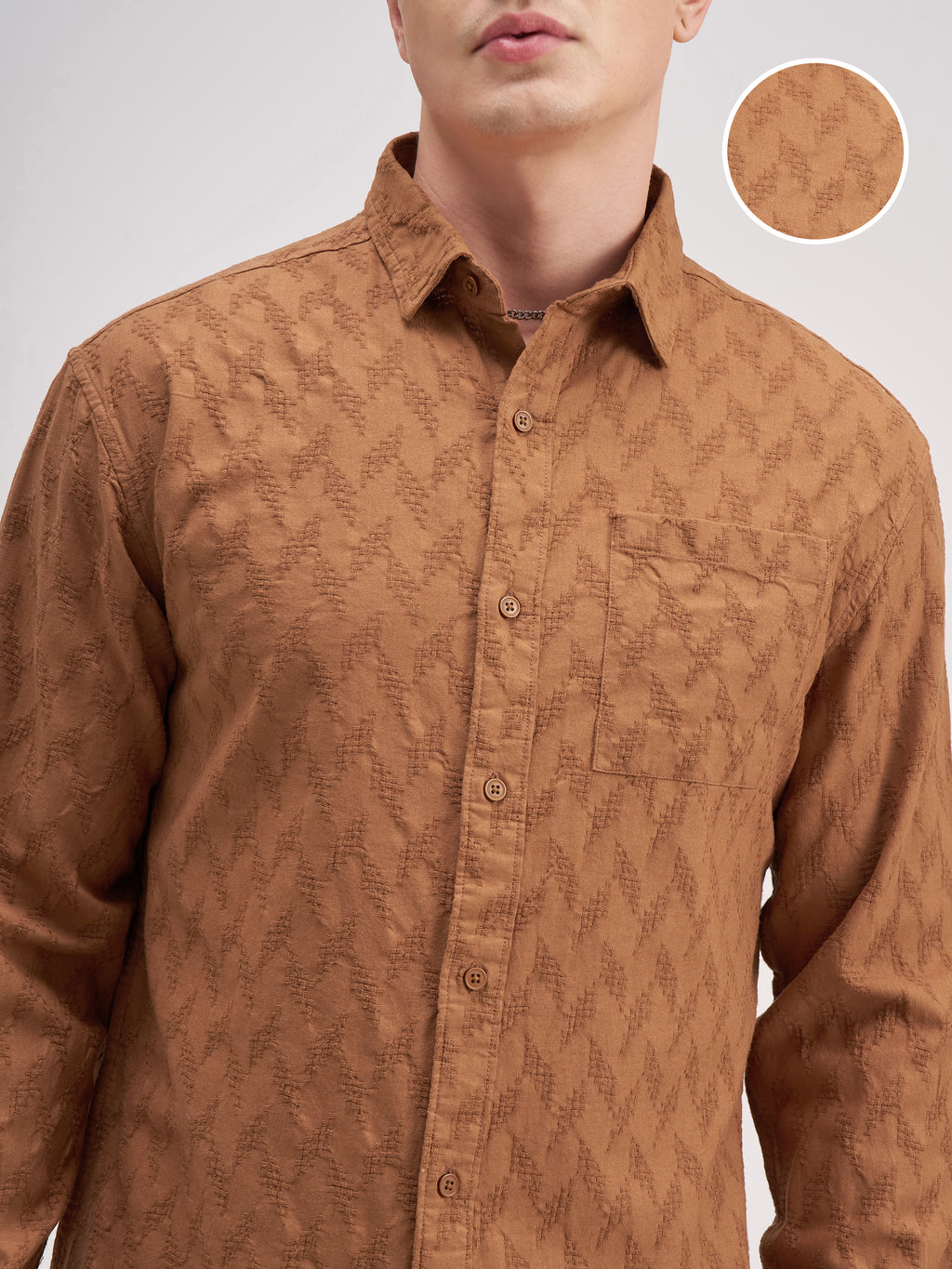 Highlander Men Rust Self Design Regular Fit Casual Shirt - Rust - Image 5