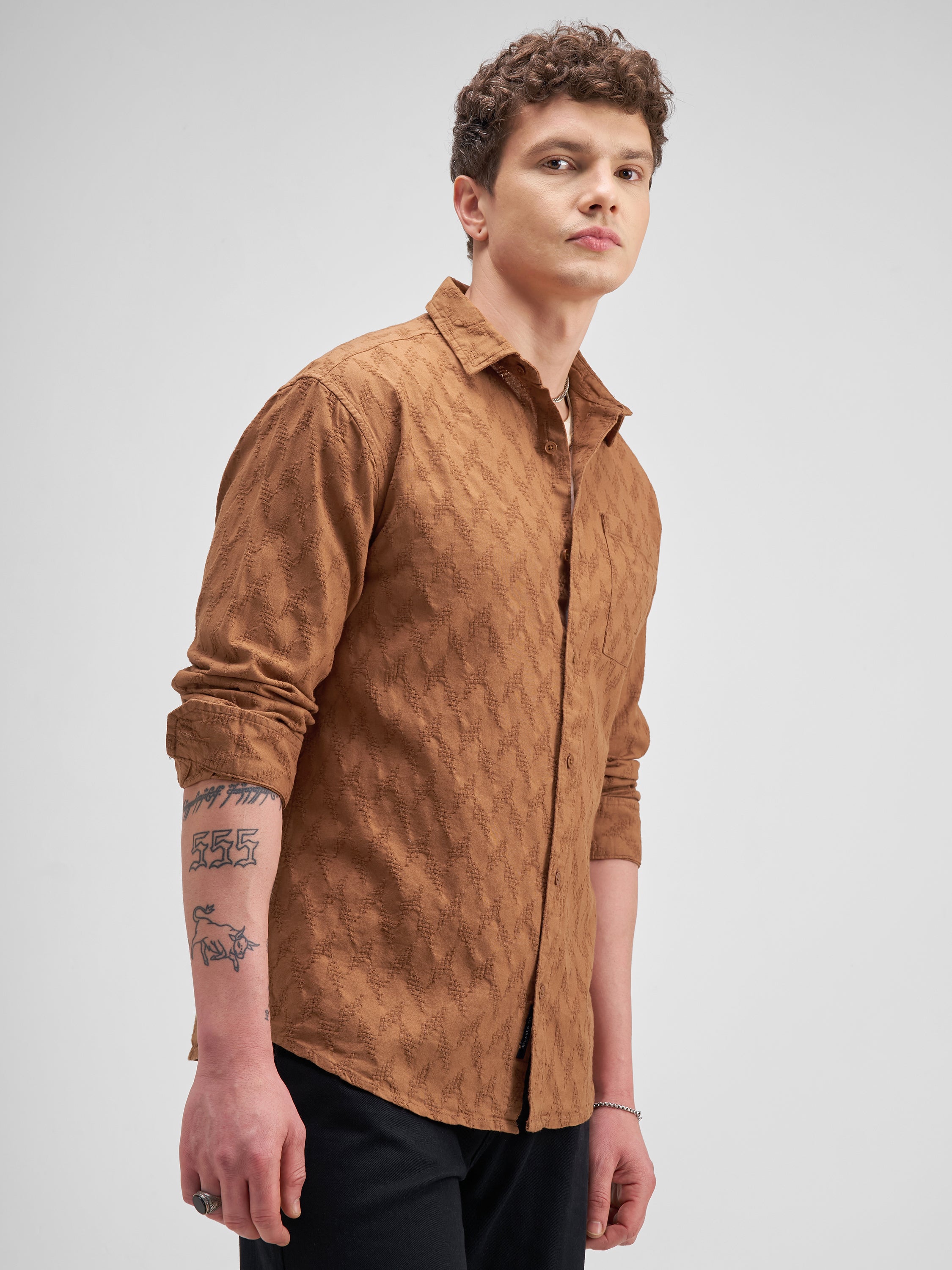 Highlander Men Rust Self Design Regular Fit Casual Shirt - Rust - Image 6