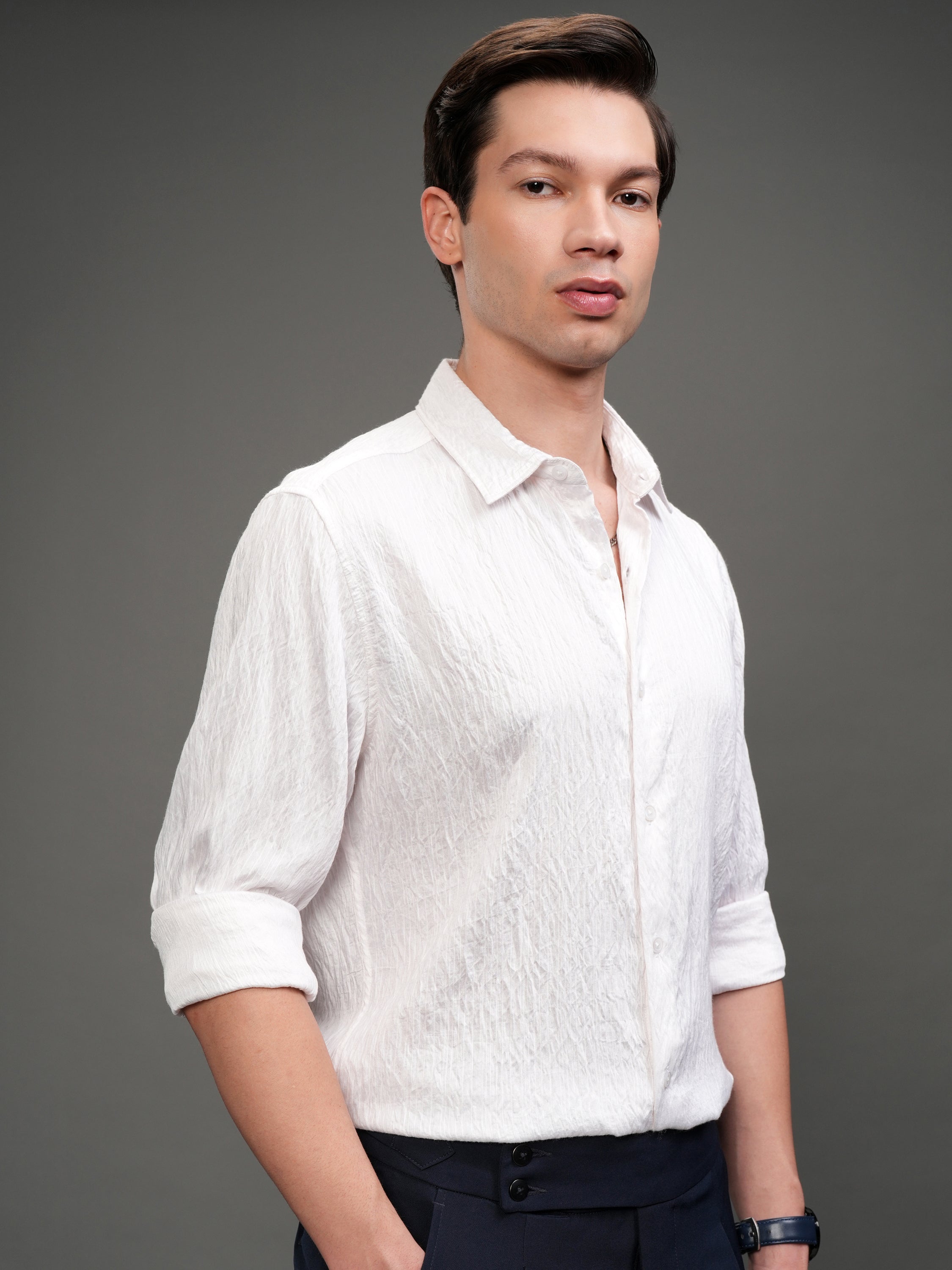 Highlander Men White Self Design Slim Fit Casual Shirt - White - Image 6