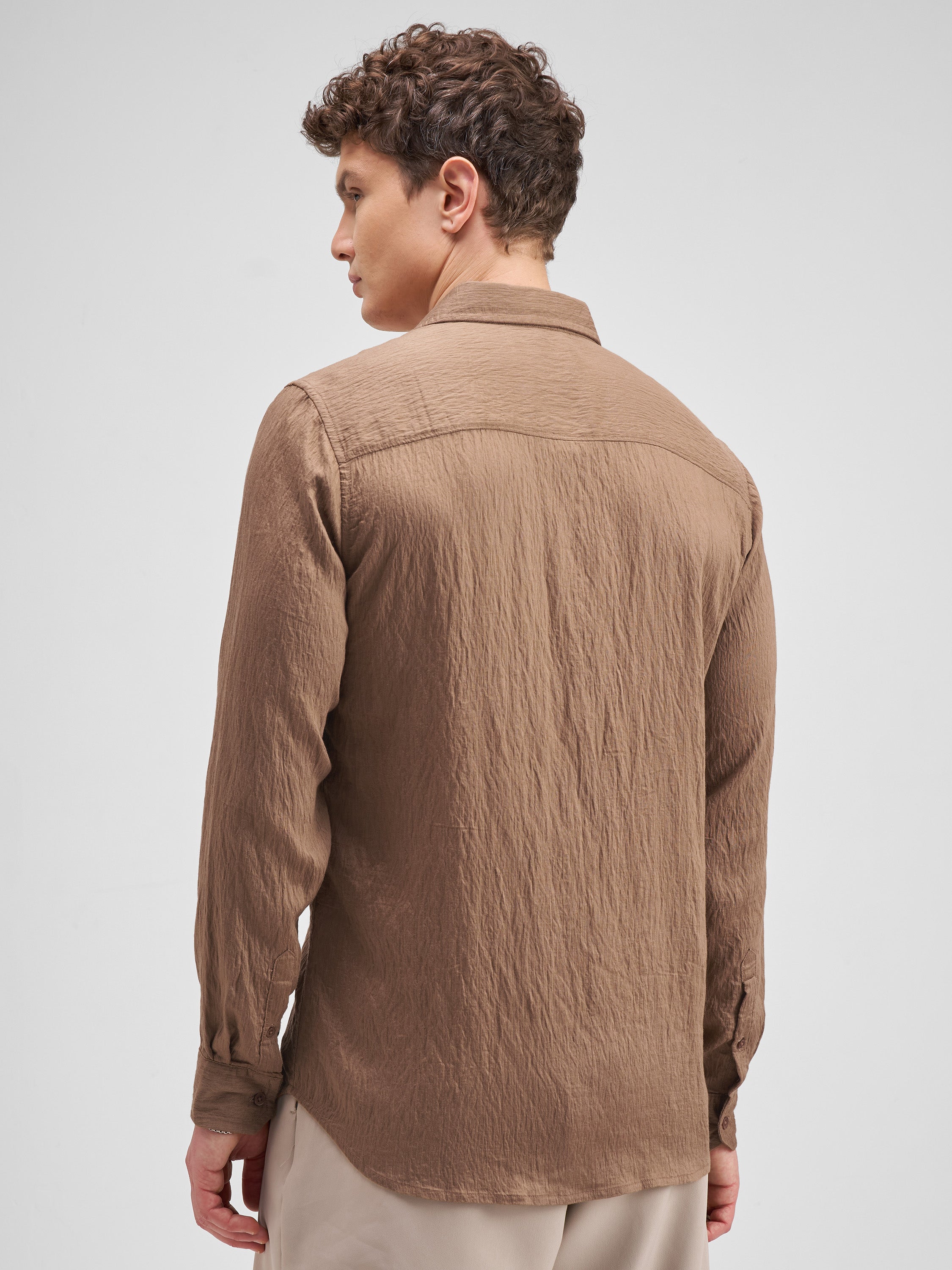 Highlander Men Tan Self Design Regular Fit Casual Shirt - Tan - Image 3