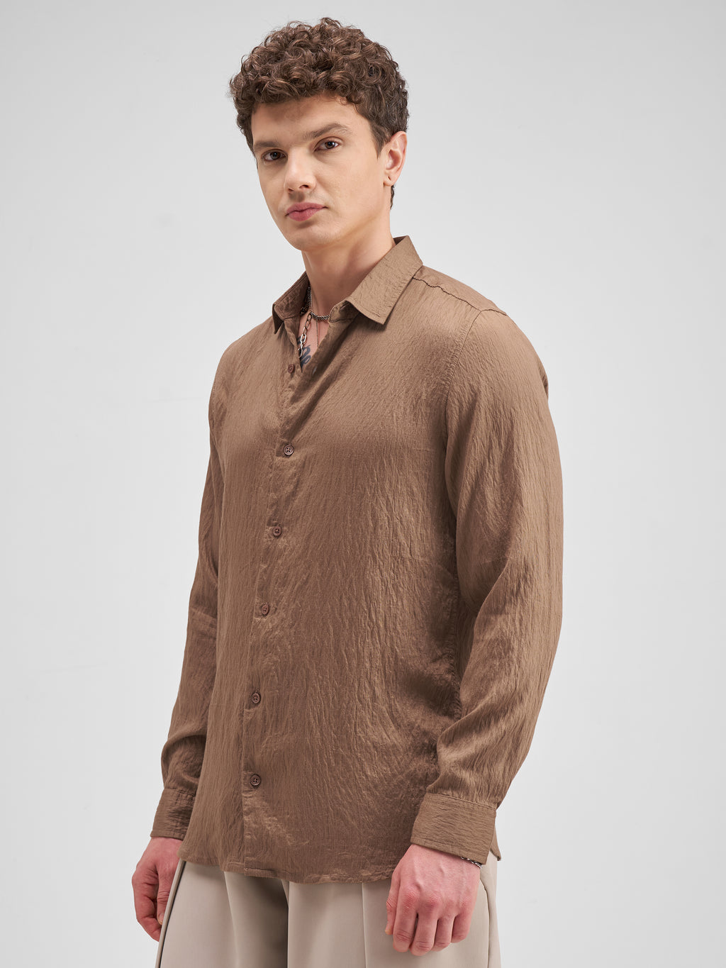 Highlander Men Tan Self Design Regular Fit Casual Shirt - Tan - Image 4