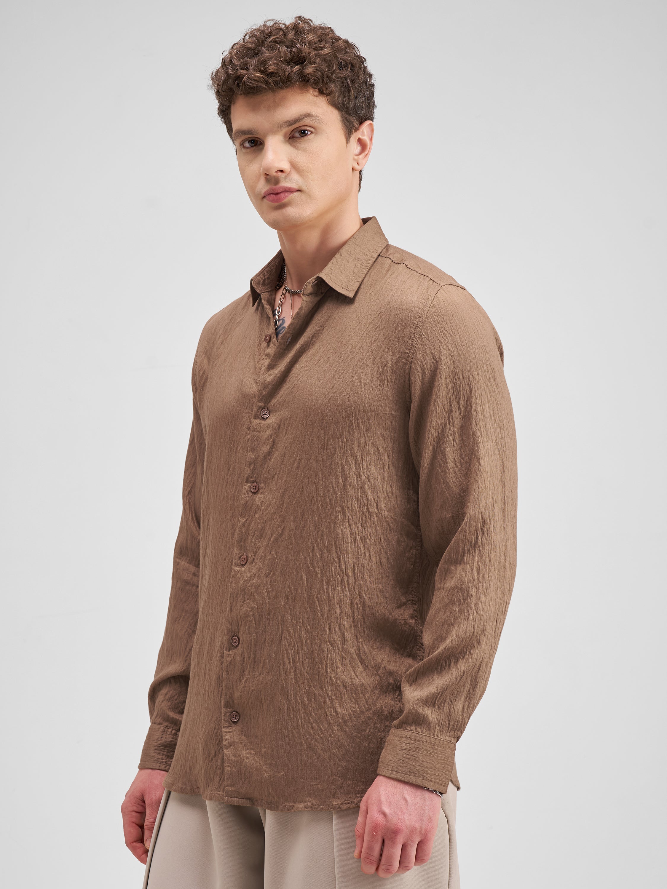 Highlander Men Tan Self Design Regular Fit Casual Shirt - Tan - Image 4