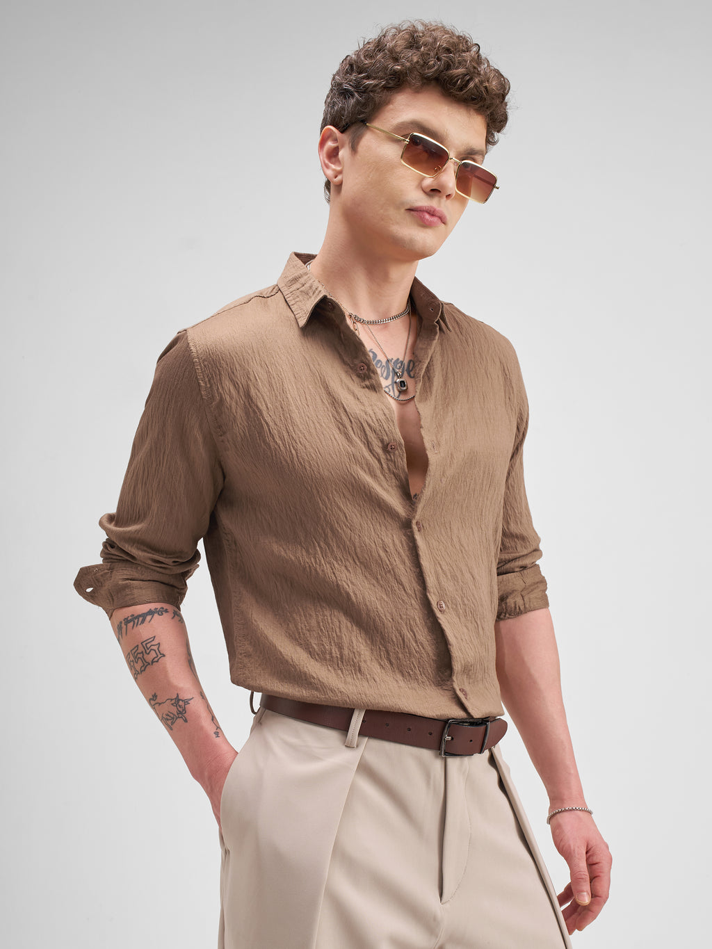 Highlander Men Tan Self Design Regular Fit Casual Shirt - Tan - Image 6