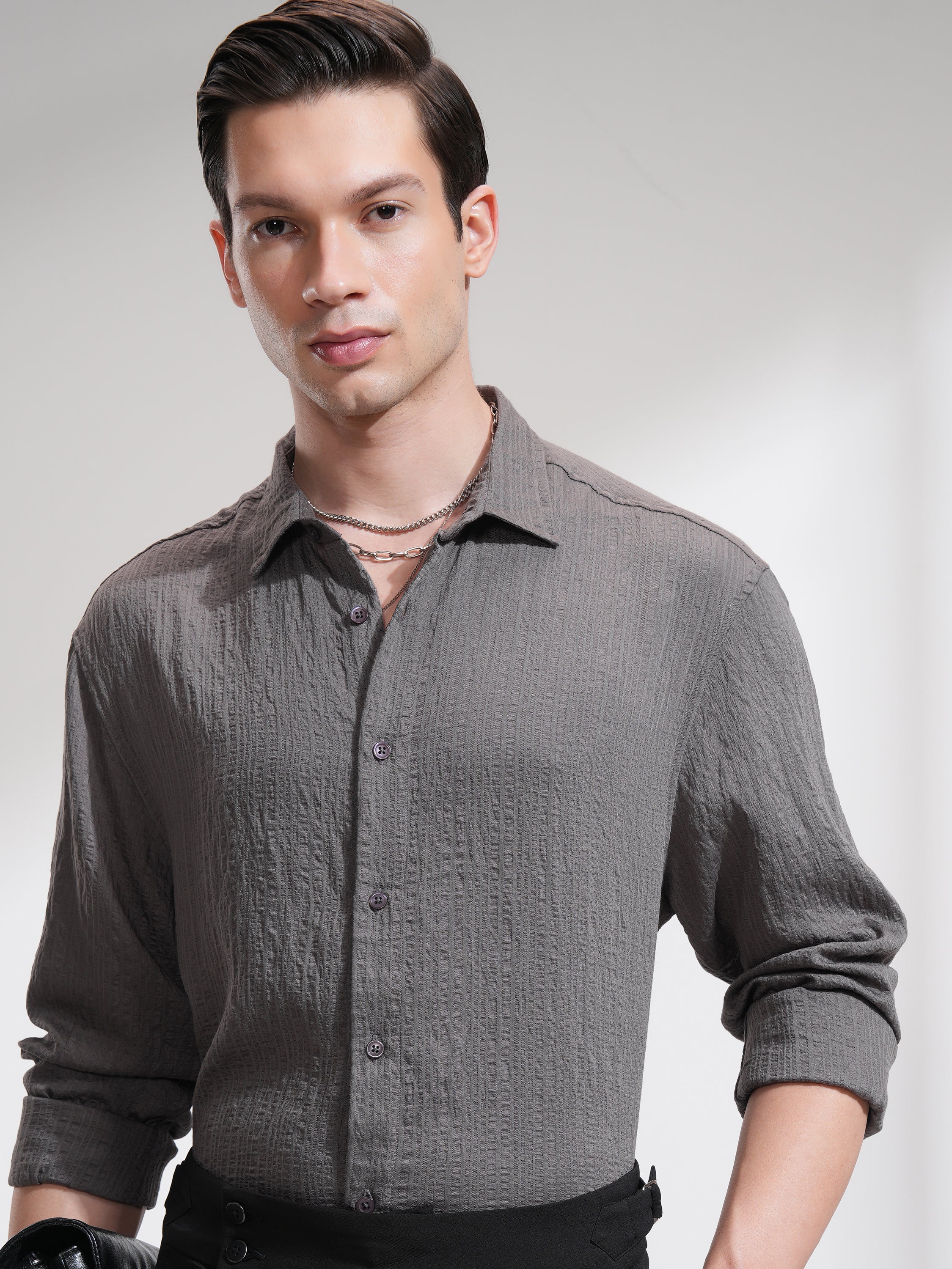 Highlander Men Grey Striped Relaxed Fit Casual Shirt - Grey - Image 1