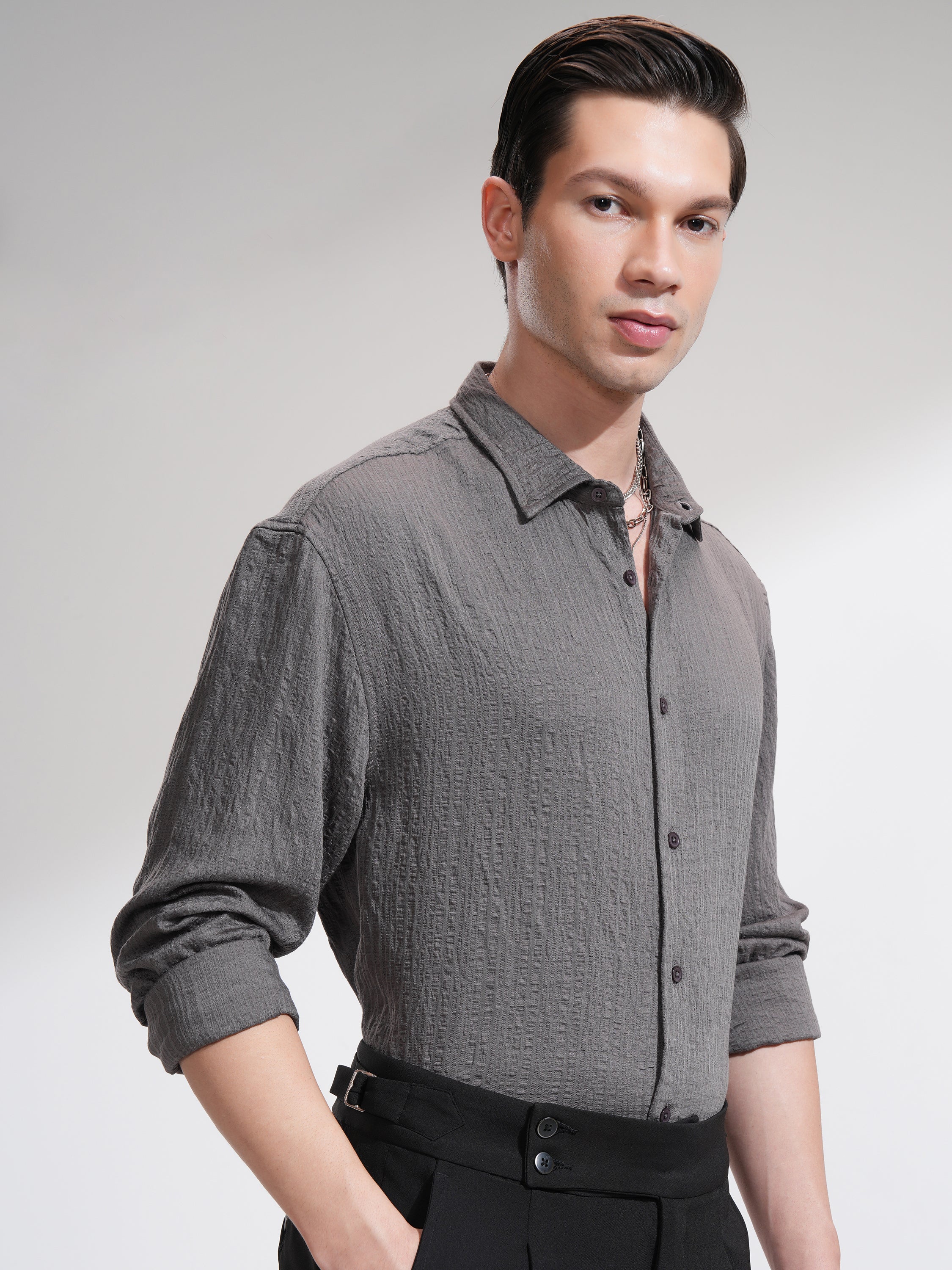 Highlander Men Grey Striped Relaxed Fit Casual Shirt - Grey - Image 6