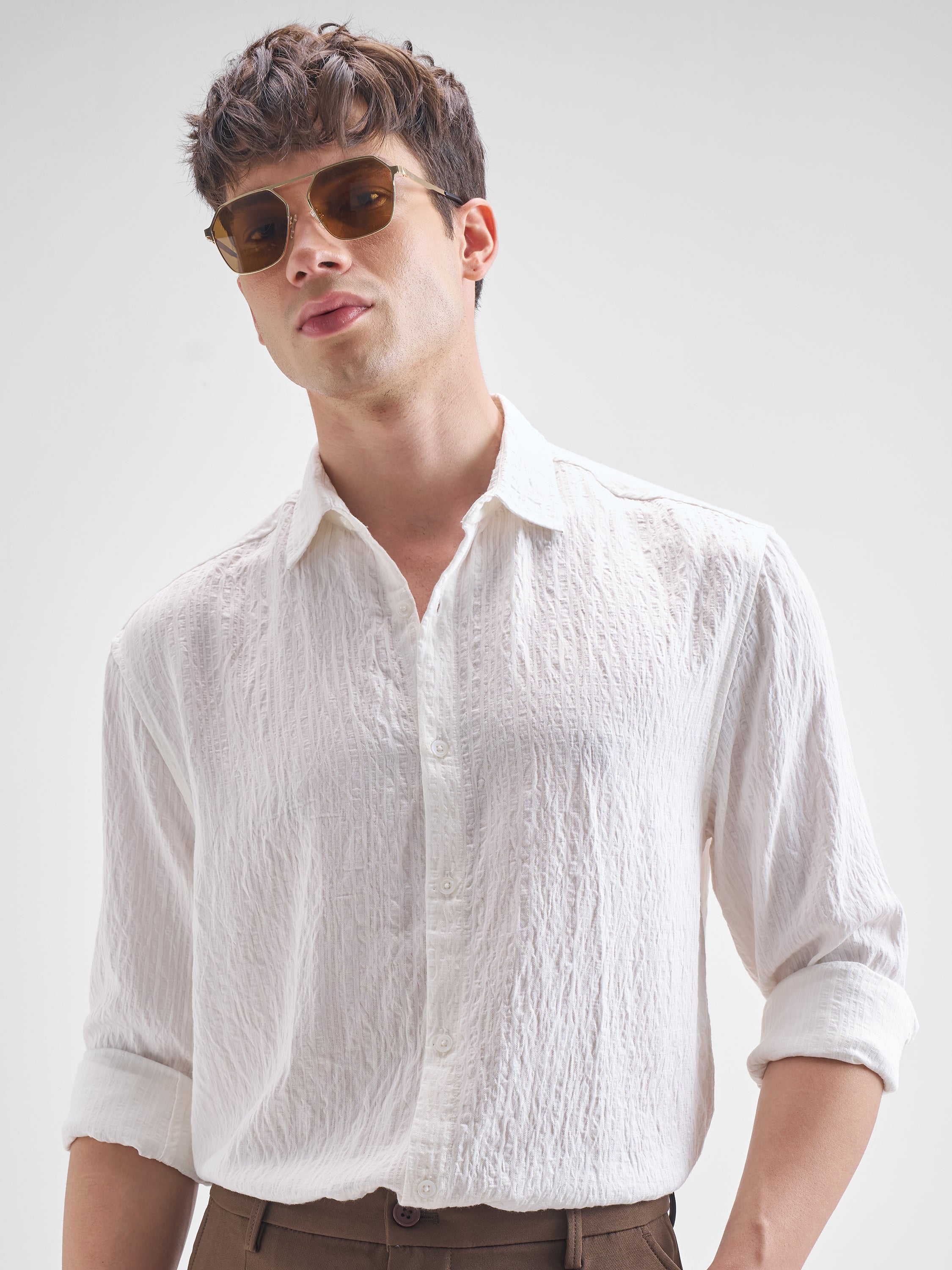 Highlander Men White Self Design Relaxed Fit Casual Shirt - White - Image 1