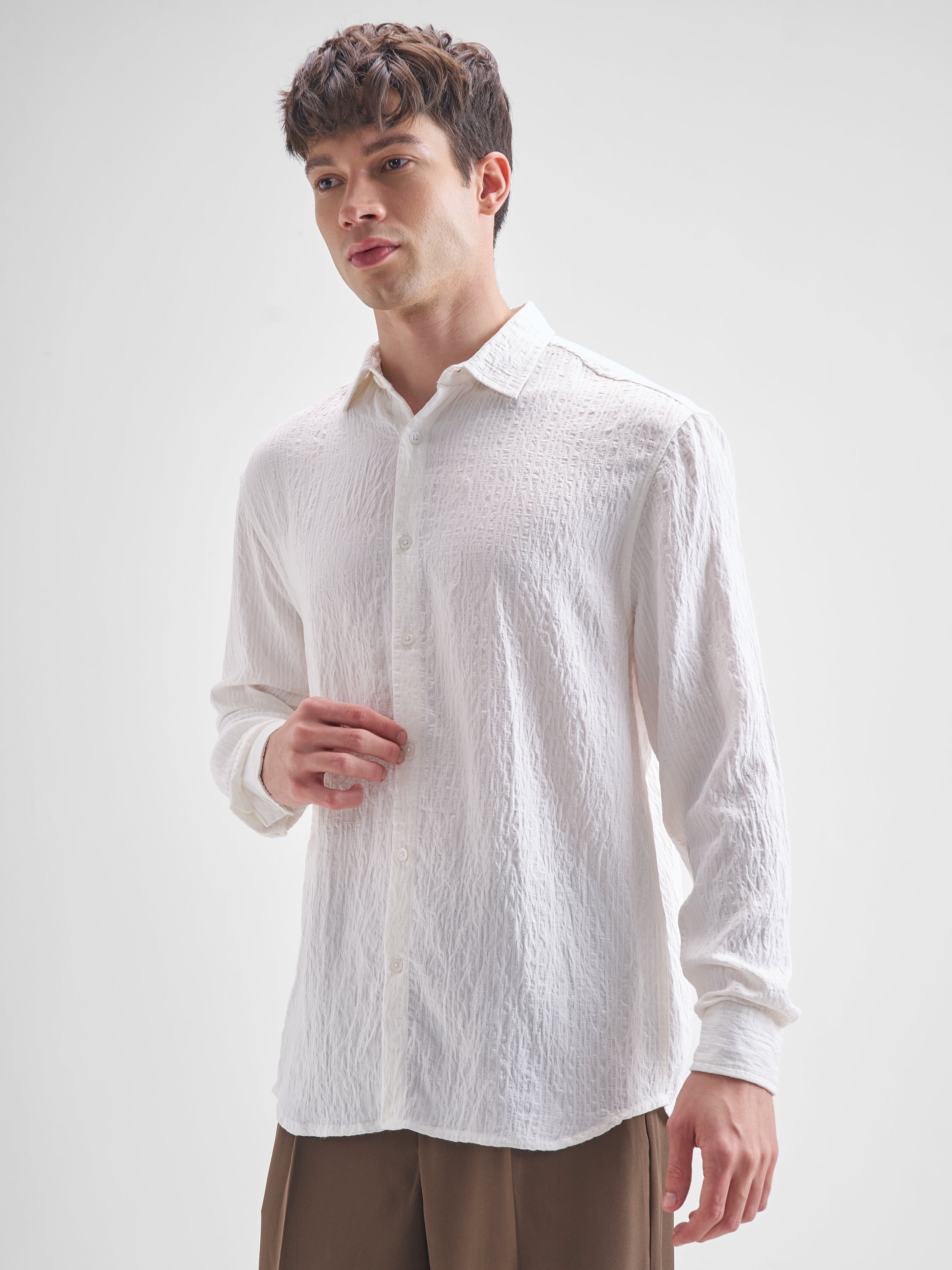 Highlander Men White Self Design Relaxed Fit Casual Shirt - White - Image 4