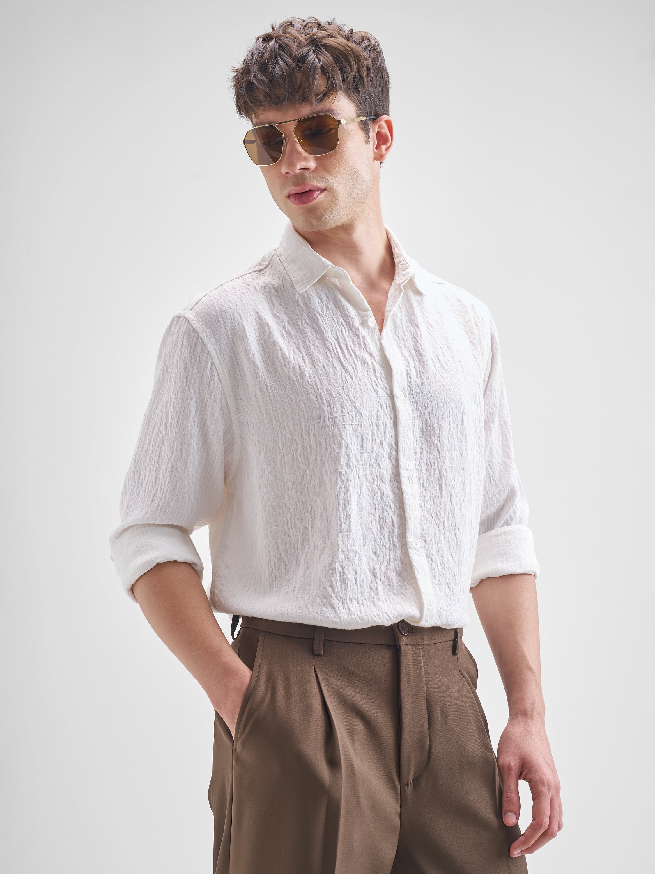 Highlander Men White Self Design Relaxed Fit Casual Shirt - White - Image 6