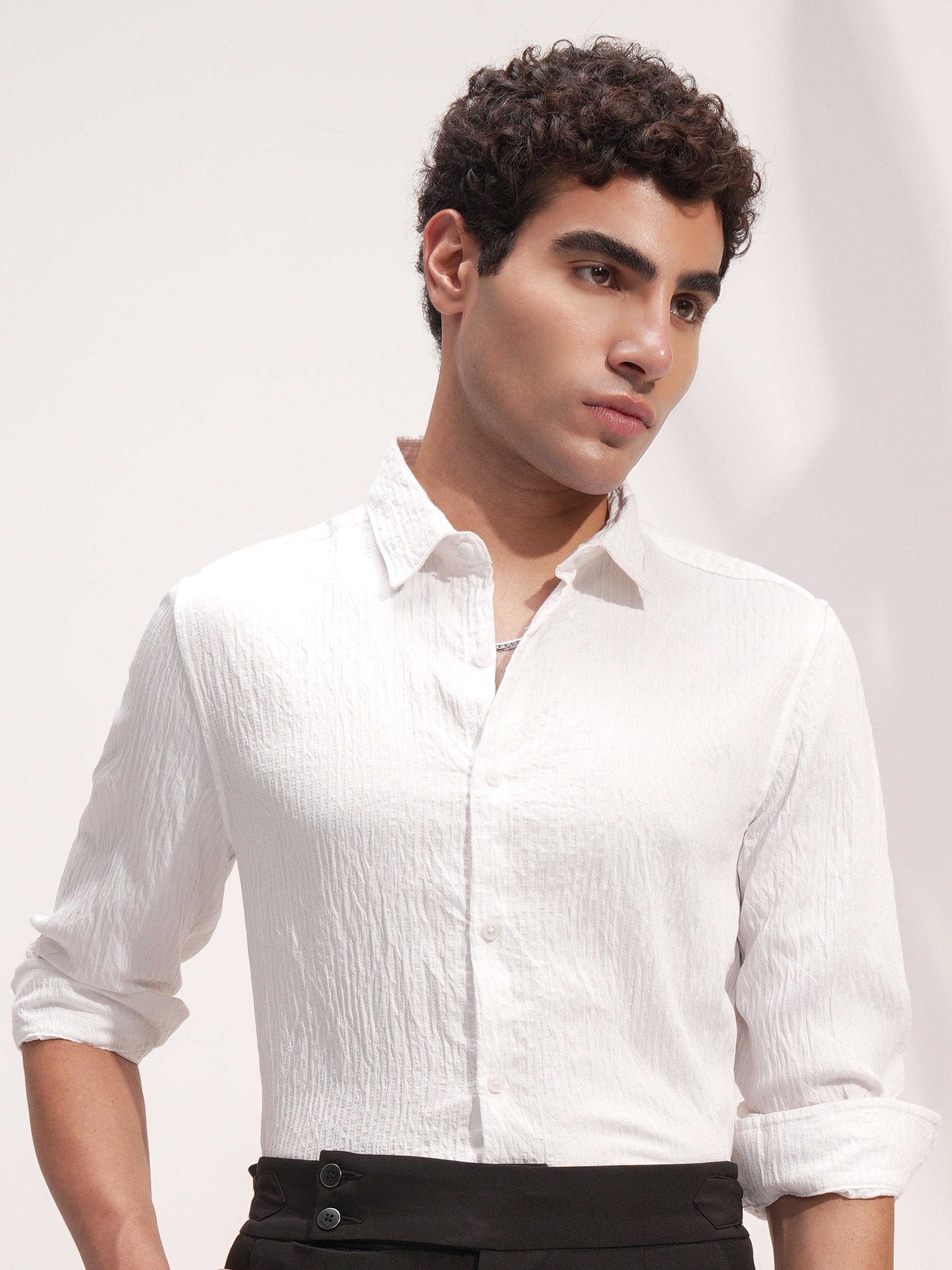 Highlander Men White Self Design Slim Fit Casual Shirt - White - Image 1