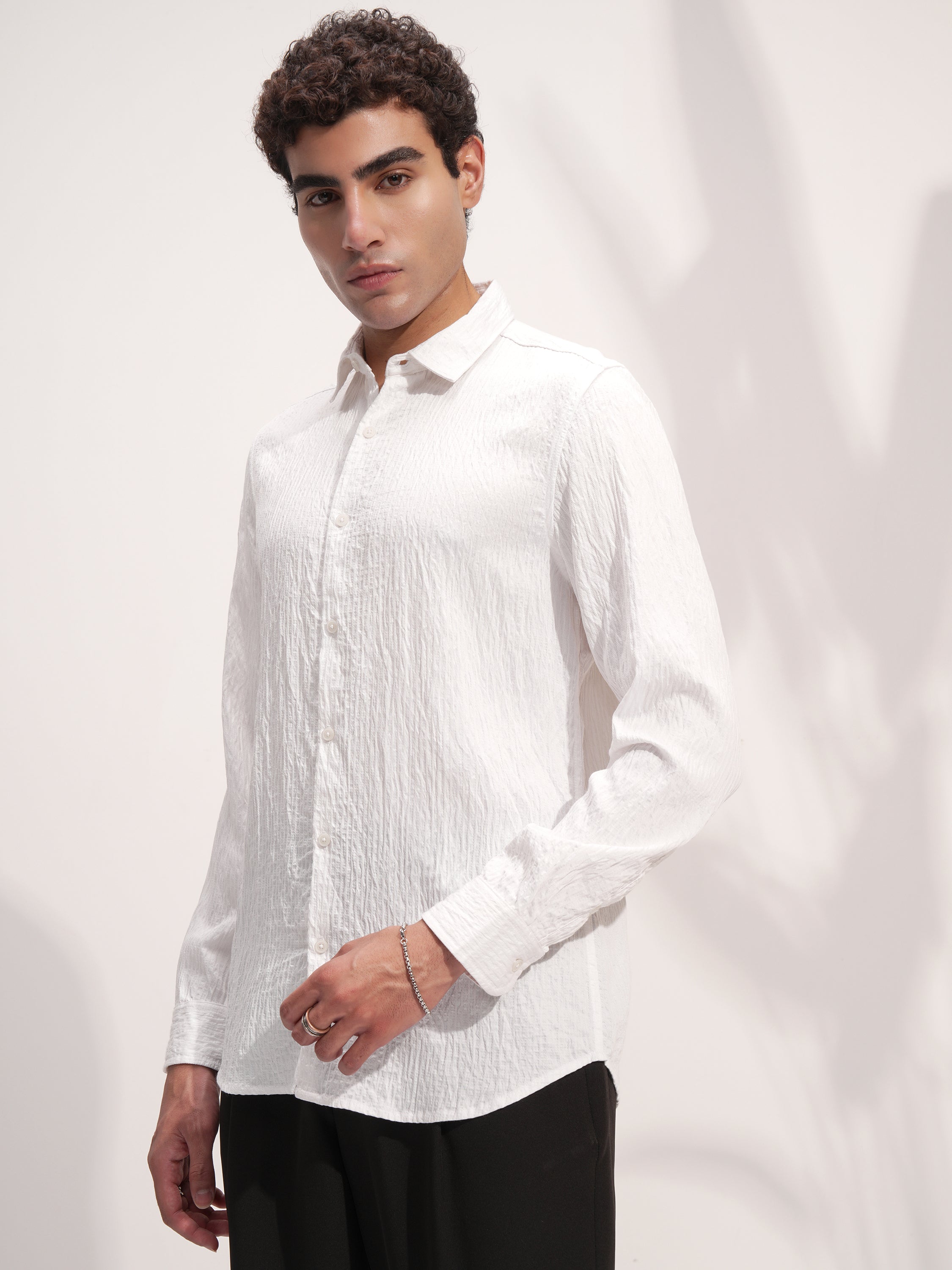 Highlander Men White Self Design Slim Fit Casual Shirt - White - Image 4