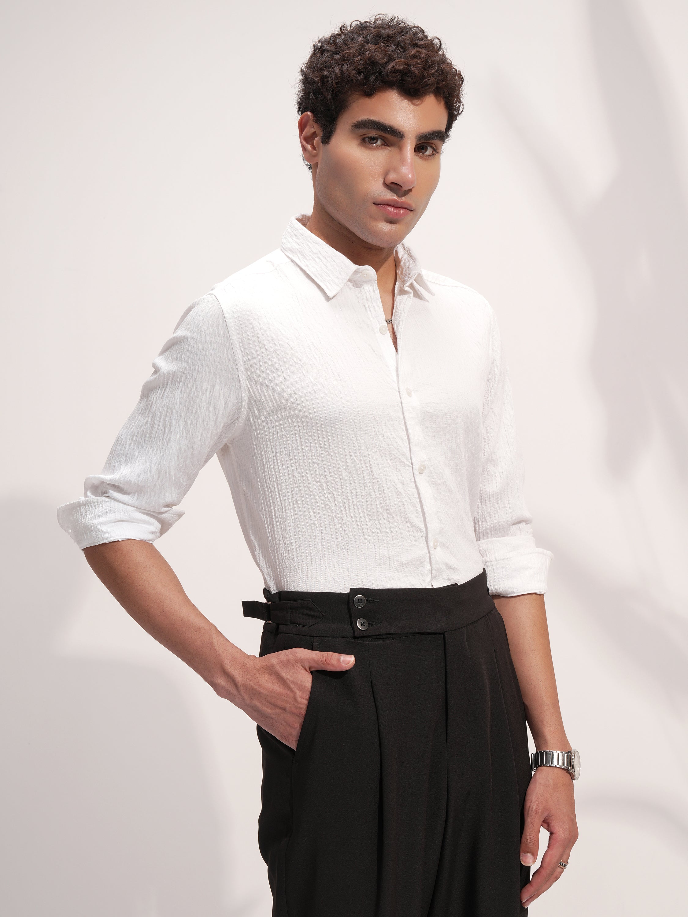 Highlander Men White Self Design Slim Fit Casual Shirt - White - Image 6