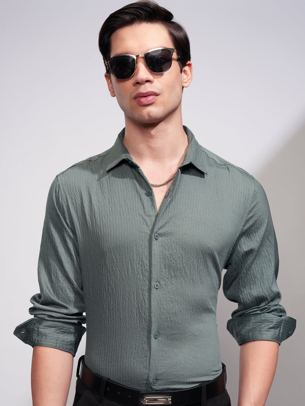 Highlander Men Olive Self Design Slim Fit Casual Shirt - Olive - Image 1