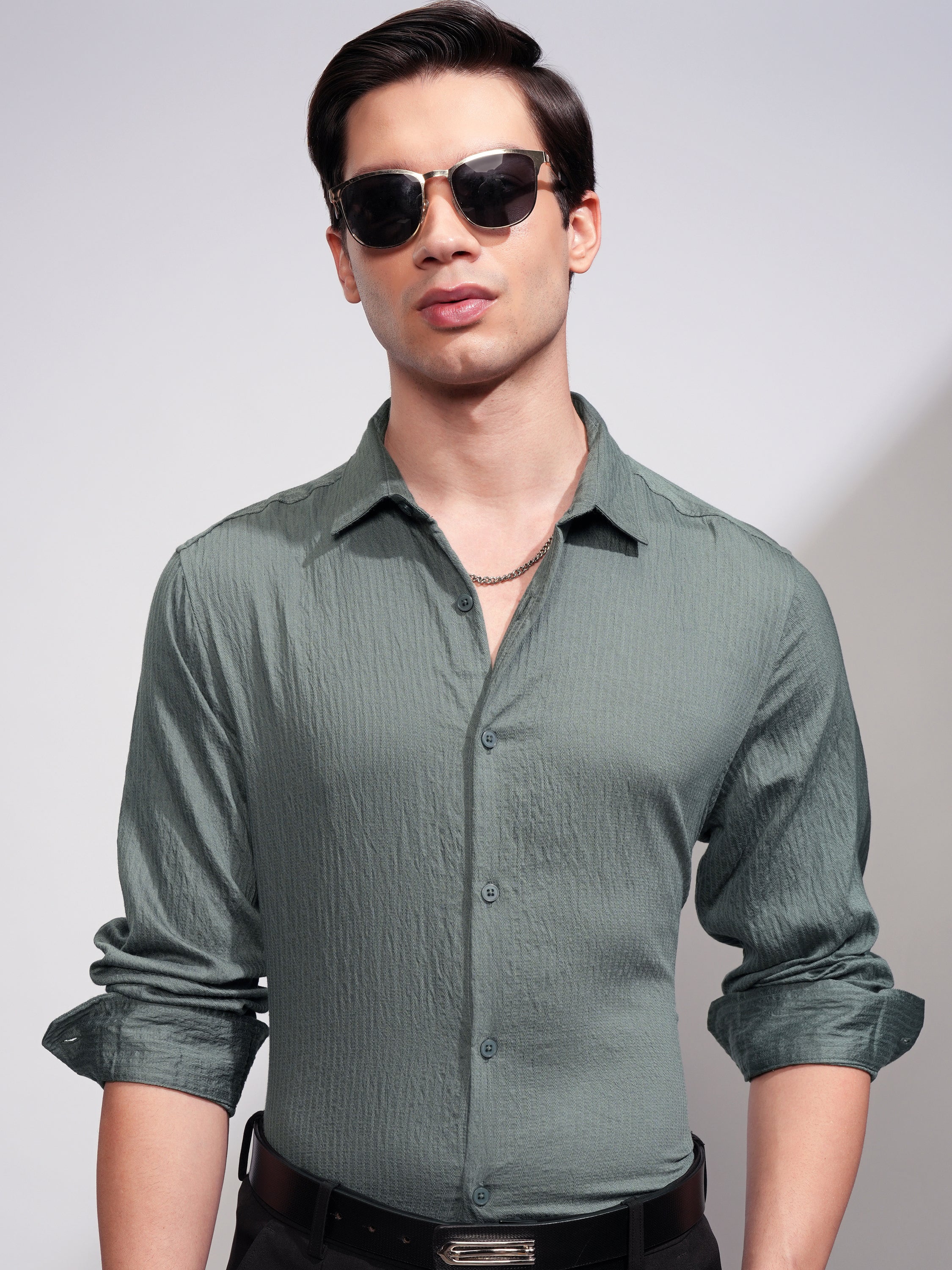 Highlander Men Olive Self Design Slim Fit Casual Shirt - Olive - Image 1