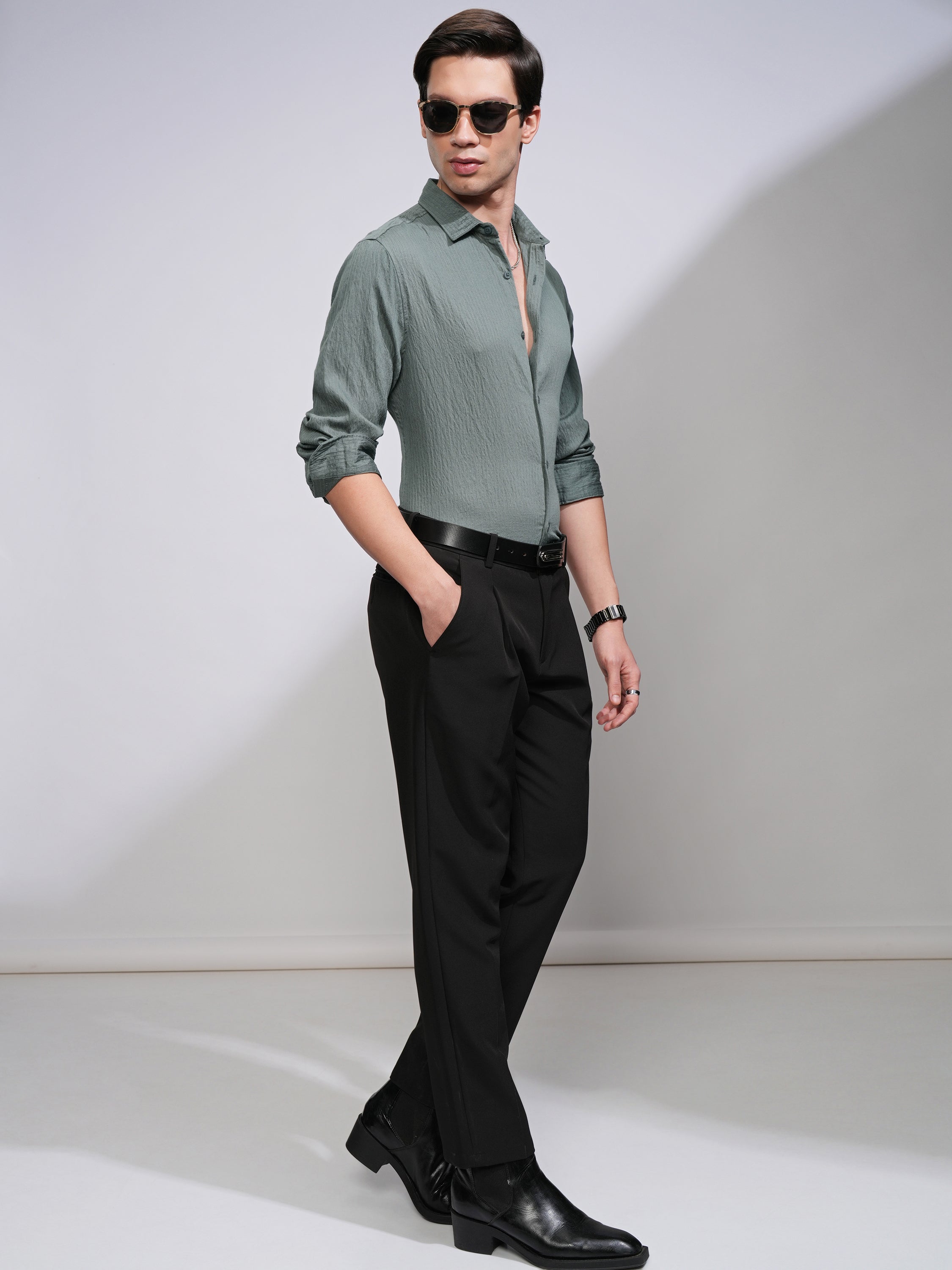 Highlander Men Olive Self Design Slim Fit Casual Shirt - Olive - Image 2