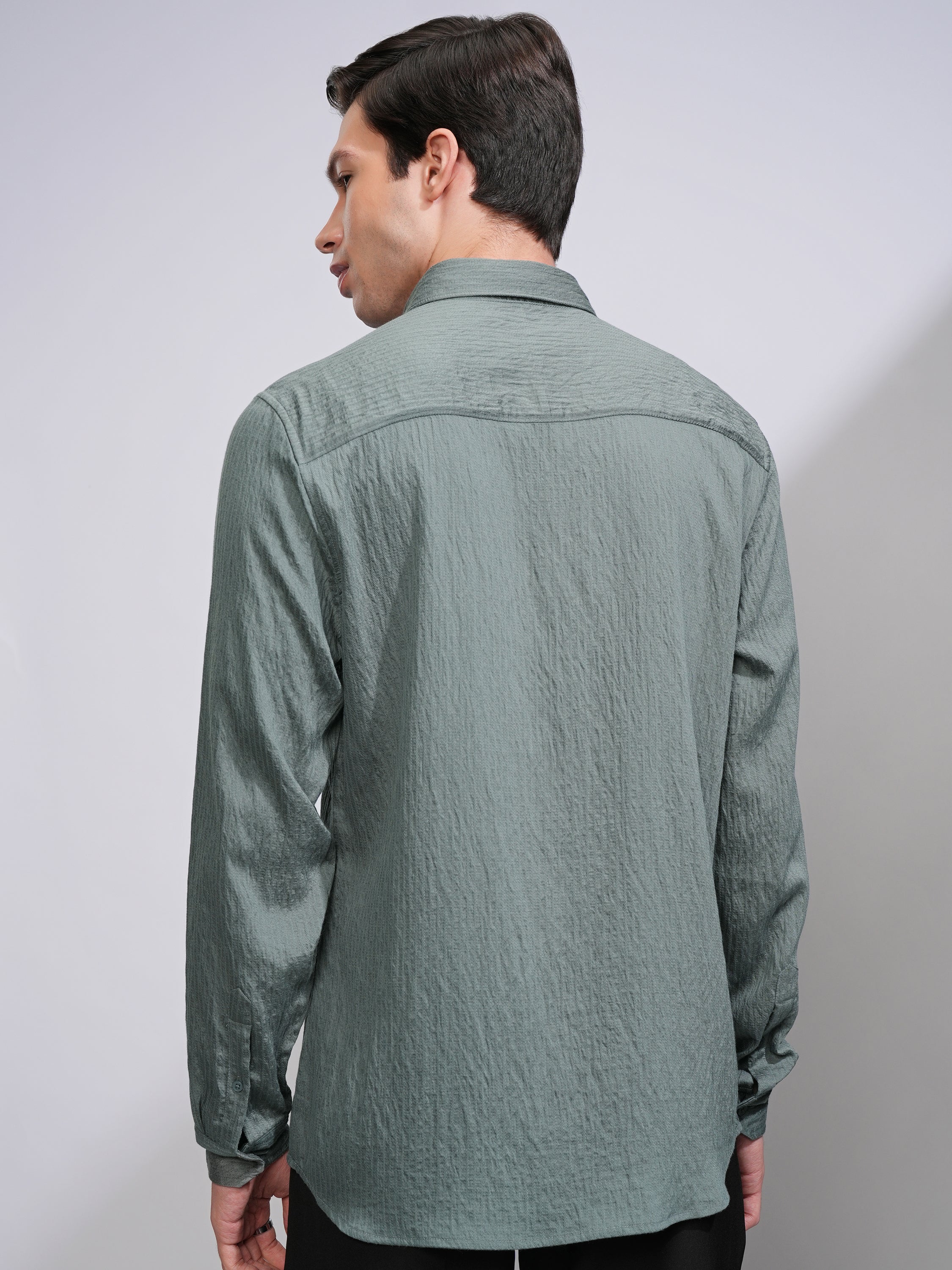 Highlander Men Olive Self Design Slim Fit Casual Shirt - Olive - Image 3