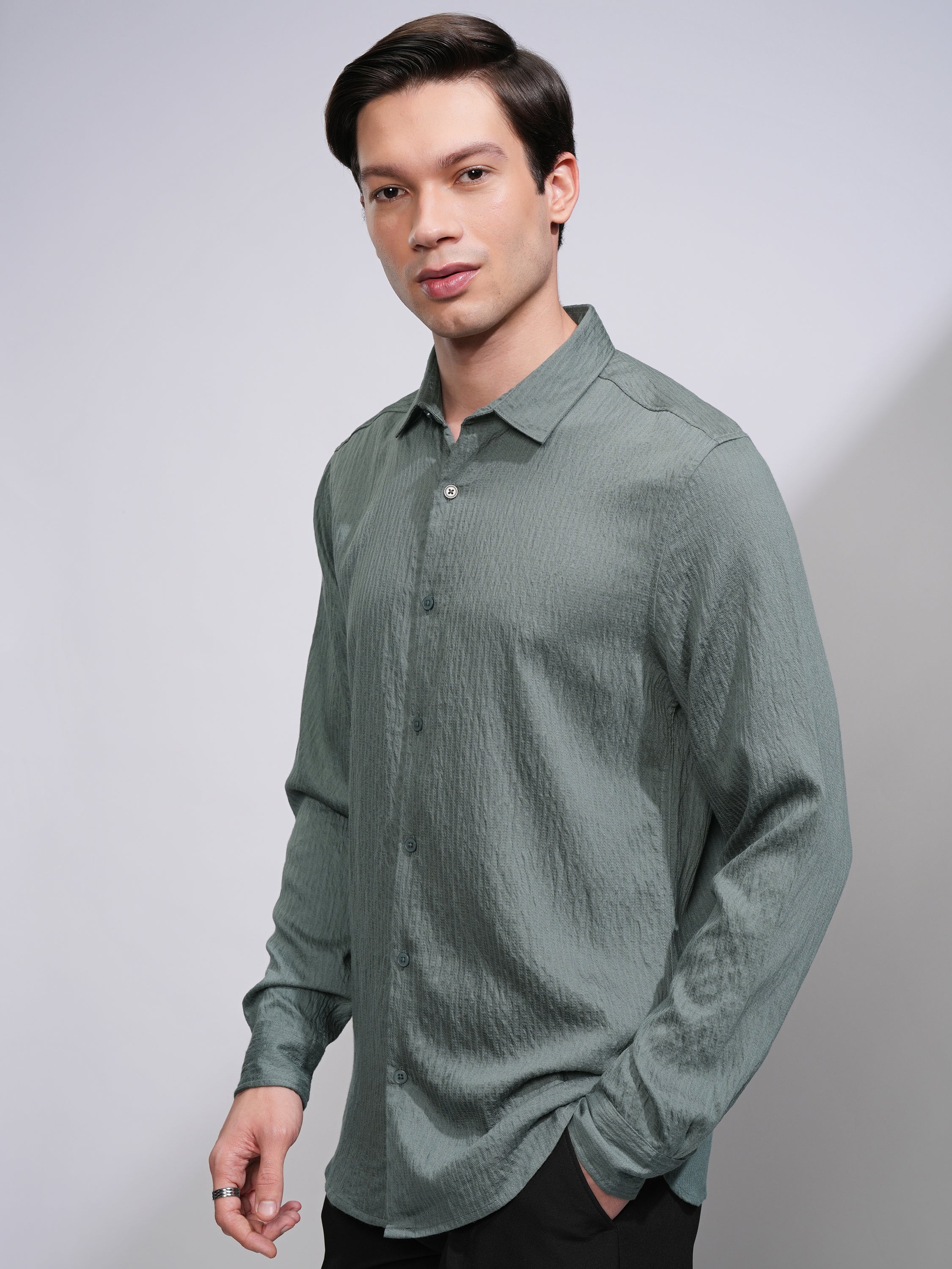 Highlander Men Olive Self Design Slim Fit Casual Shirt - Olive - Image 4