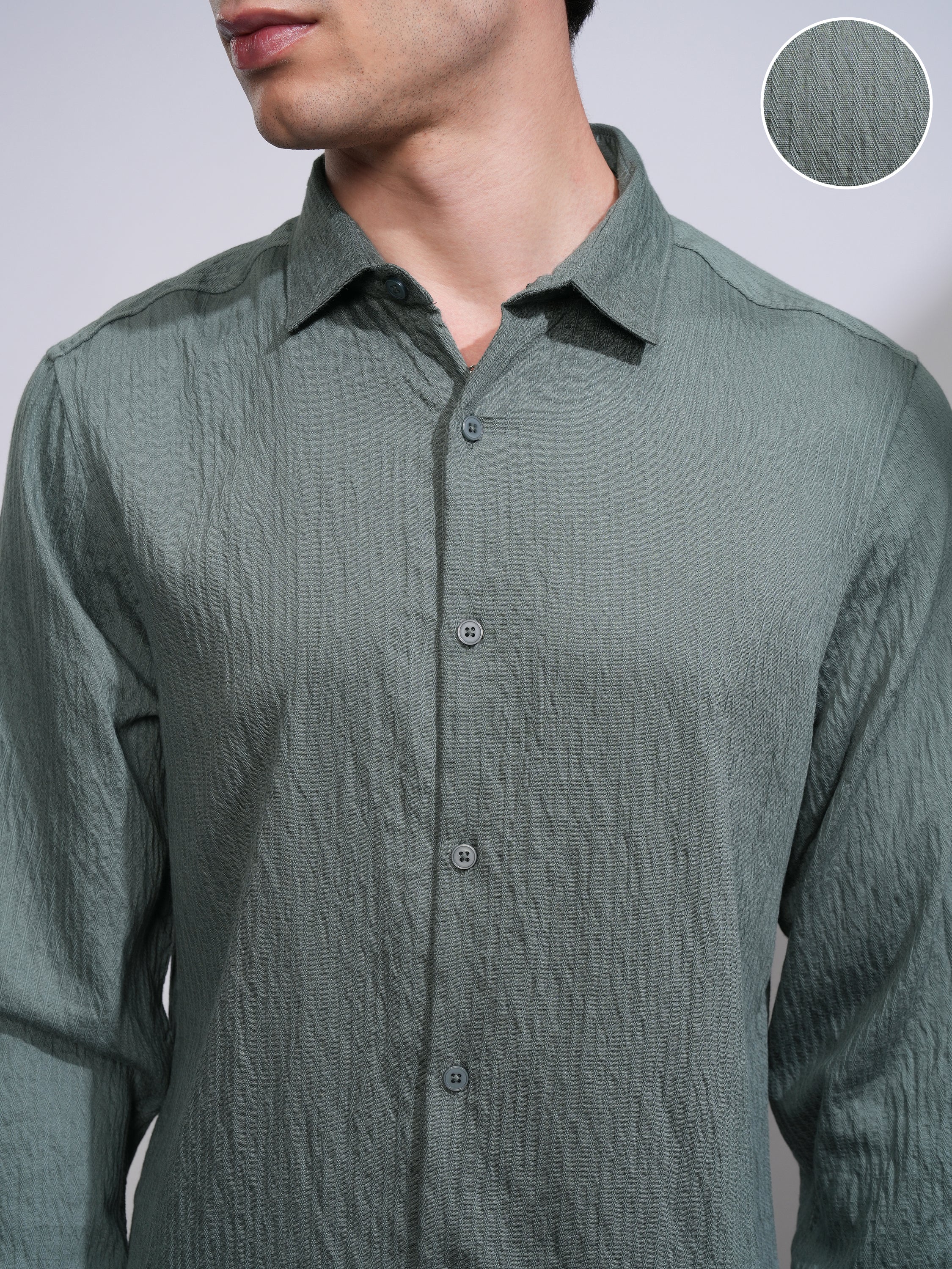 Highlander Men Olive Self Design Slim Fit Casual Shirt - Olive - Image 5