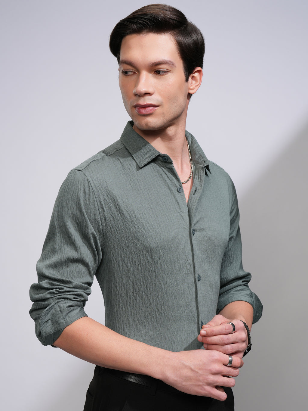Highlander Men Olive Self Design Slim Fit Casual Shirt - Olive - Image 6