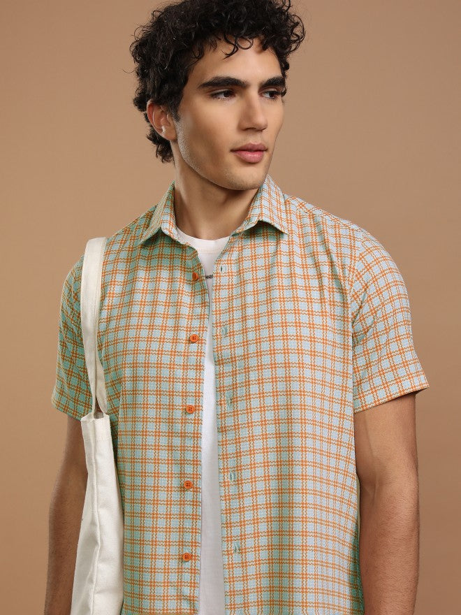 Highlander Men Blue Checked Slim Fit Casual Shirt - Blue - Image 1