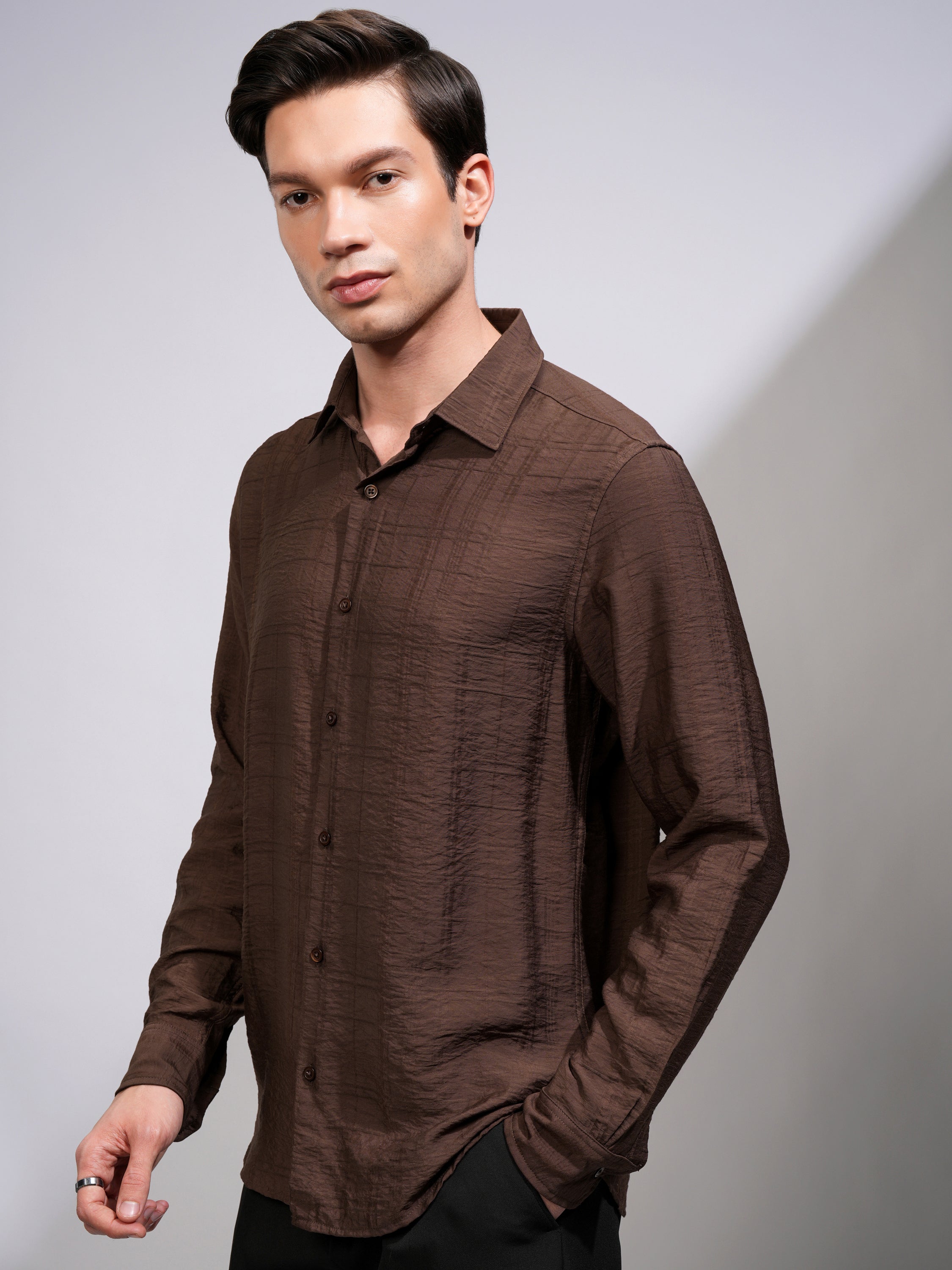 Highlander Men Brown Checked Slim Fit Casual Shirt - Brown - Image 4