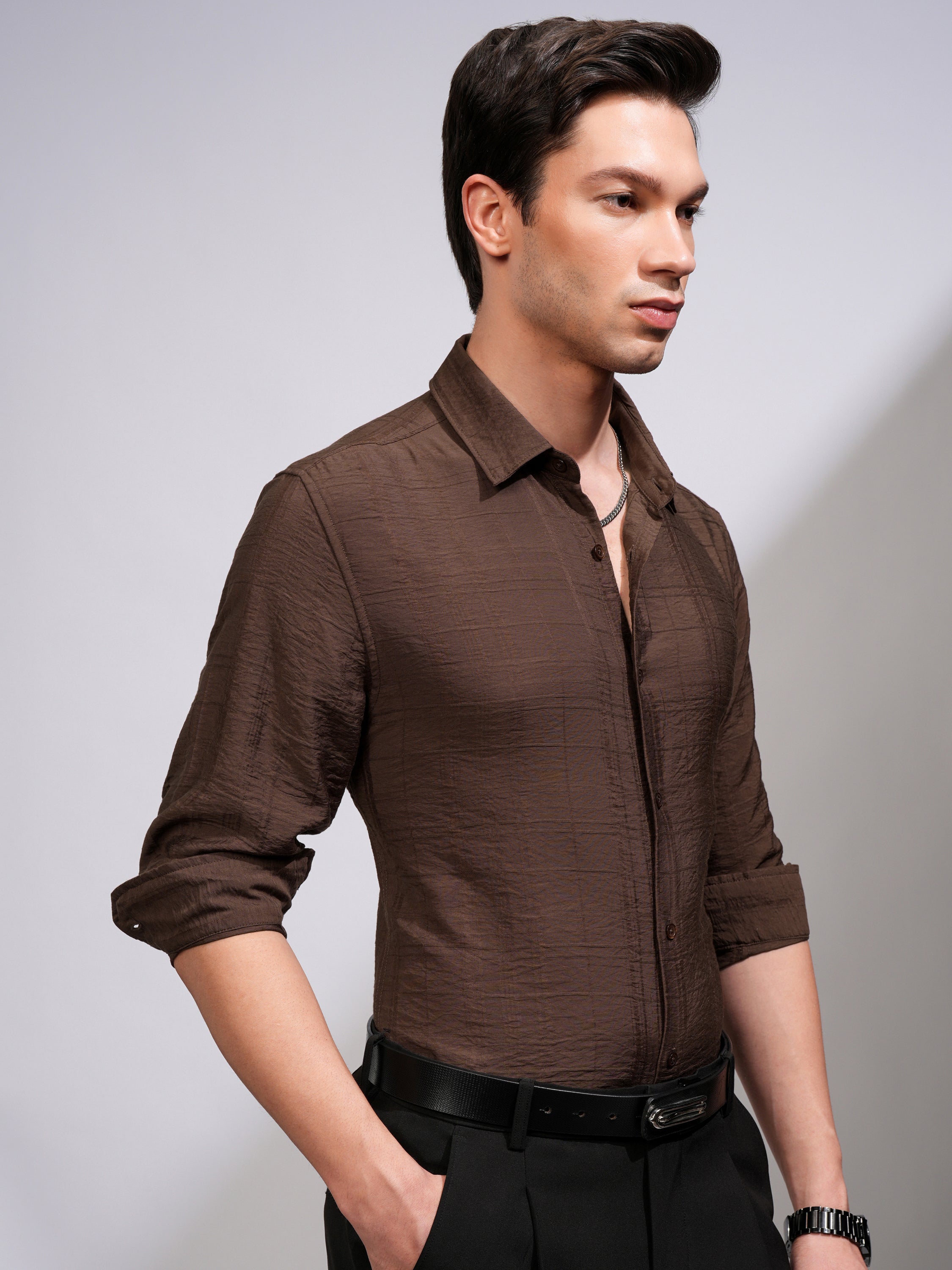 Highlander Men Brown Checked Slim Fit Casual Shirt - Brown - Image 6