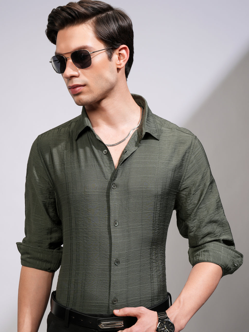 Highlander Men Green Checked Slim Fit Casual Shirt - Green - Image 1